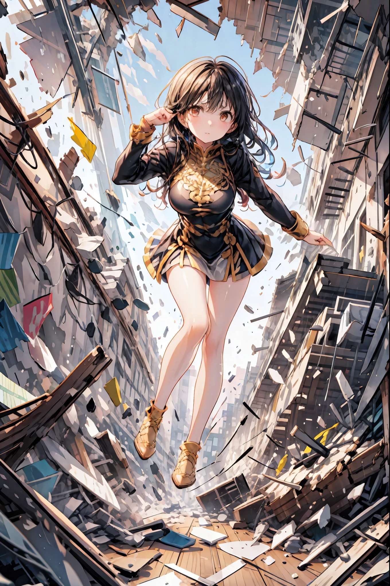 ((from above:1.2)),Overlooking、I can see my whole body，Super Powers Homeless、Psychic Standing Inside the Collapsed Building、stunned expression、Strenuous Posture、Destroyed environment、Dark and Desolate Atmosphere、4K ultra-high definition photo、REALISTIC TEXTURE、Horrifying Dark Tones、Ruins Concept Art、Photographic Rendering、Extreme Textures and Details、HDR、professional、Vivid Colors、The Blown Away Town、Collapsed Building