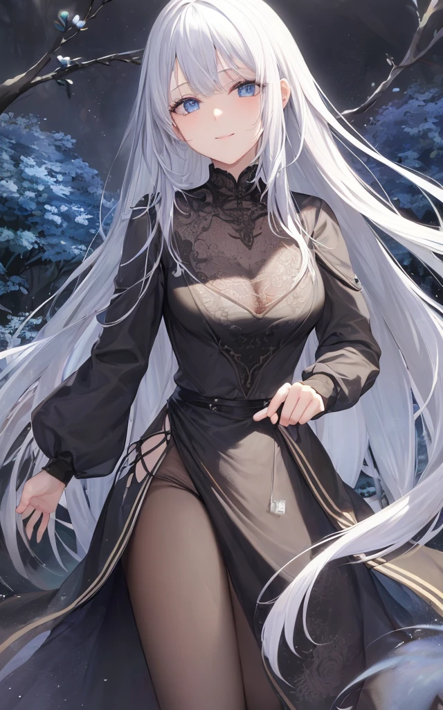 (masterpiece:1.2, Highest quality),  colorful, Hyper Detail, Intricate details, wallpaper, 1 girl, alone, echidna, Black Dress, (Detailed fantasy outdoor background), , View your viewers, smile, Side Lock, Long white hair, hair ornaments, [belly button], Upper Body, Long sleeve, （Black lace dress:1.4)Opening mouth,Similar to You'suffocate again,In the photo, she seems stunned.,Busty woman posing for a photo,Perfect expression,Likely to burst,Your  will get bigger,huge ,A  tattoo is carved into the cleavage,My  are getting bigger,Big ,