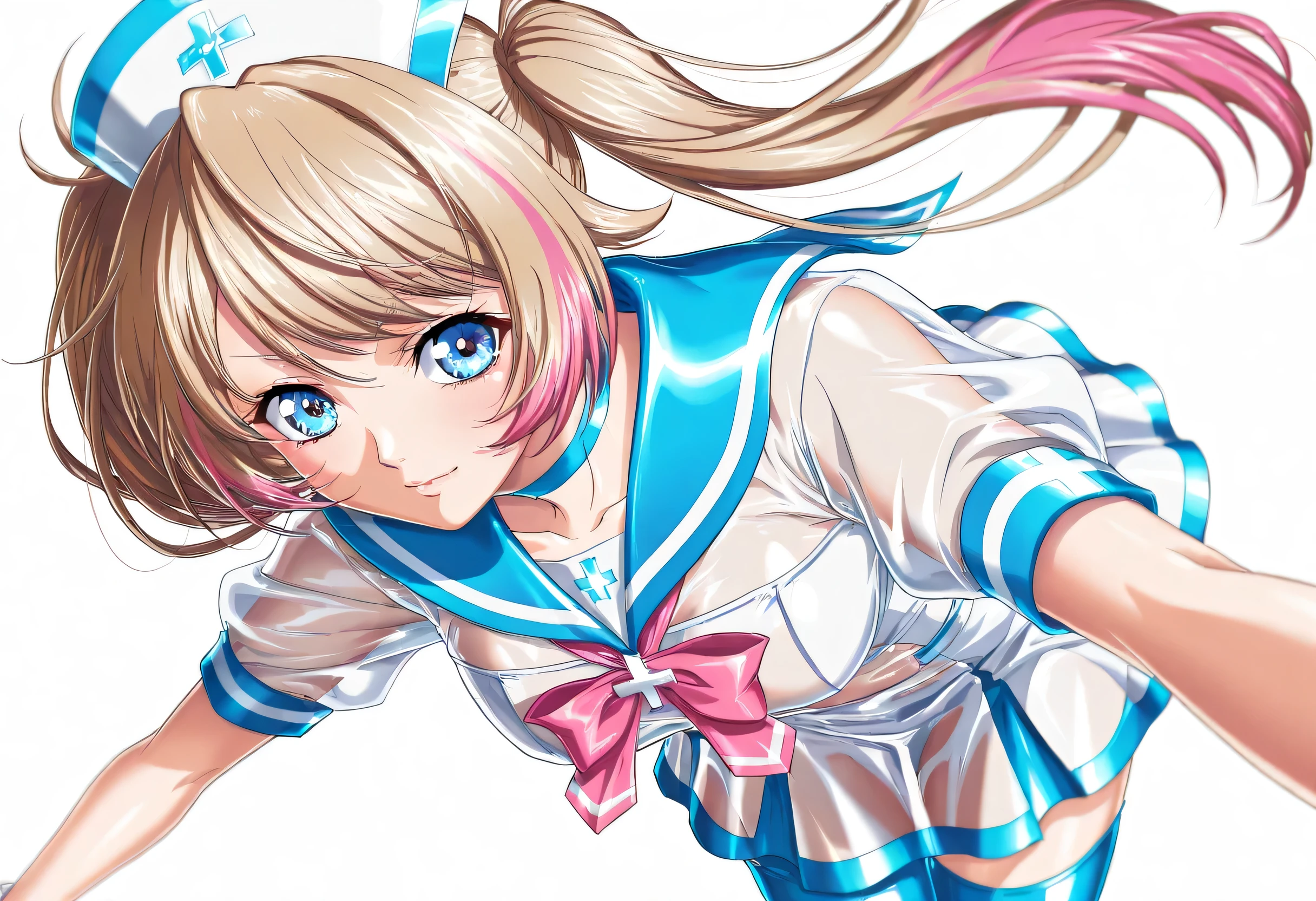 (Yokota Mamoru style),("light brown hair color that faces the front naturally,Twin Tail Hair"),
("Transcendental Cuteアイドルフェイス"),
("Wear an ultra-clear lateX sailor costume that is  all over the short sleeve,wear the most  clear lateX clear lateX clear pink ribbon"),
("Wear an Ultra Clear LateX See-through LateX Sailor Costume Style {X} Wear an Ultra Clear LateX See-through LateX Sailor Costume Style {X} Short Sleeves Super Clear  See-through LateX,wear an ultra-clear lateX see-through sailor top with the full surface of the short sleeve,wear an ultra-clear clear lateX see-through clear blue sailor miniskirt with the highest transparency on the entire surface of the ultra-transparent clear clear blue"),
("ultra real super clear see through sailor costume style"),
("with the Most Transparent Background"),
masterpiece, photorealistic, Impressionism, Very detailed, depth of field, dynamic lighting, Highest Quality, very aesthetic, 8k, Highest Quality, Clear Focus,
realistic.
1girl, gal idol,  beautiful ,Frontal position と顔,
("Highlights Super Clear Ultra Clear ,Best Ultra Realistic Ultra Clear  TeXture"),
("Facing Front,Frontal position "),
("Transcendental Cute顔,Transcendental Beautiful Girl"),
("Clear Eyes,small face,EXtremely beautiful,Transcendental Cute"),
("cute double eyelids, thin eyebrows,closed mouth"),
("blonde and pink hair"),
("Super Clear Nurse Female"),
("brightest lighting and light、It is shot in an ultra-clear space"),
bang. Real skin, 
shot from the front, face focus, 
on a bra, dynamic angle.