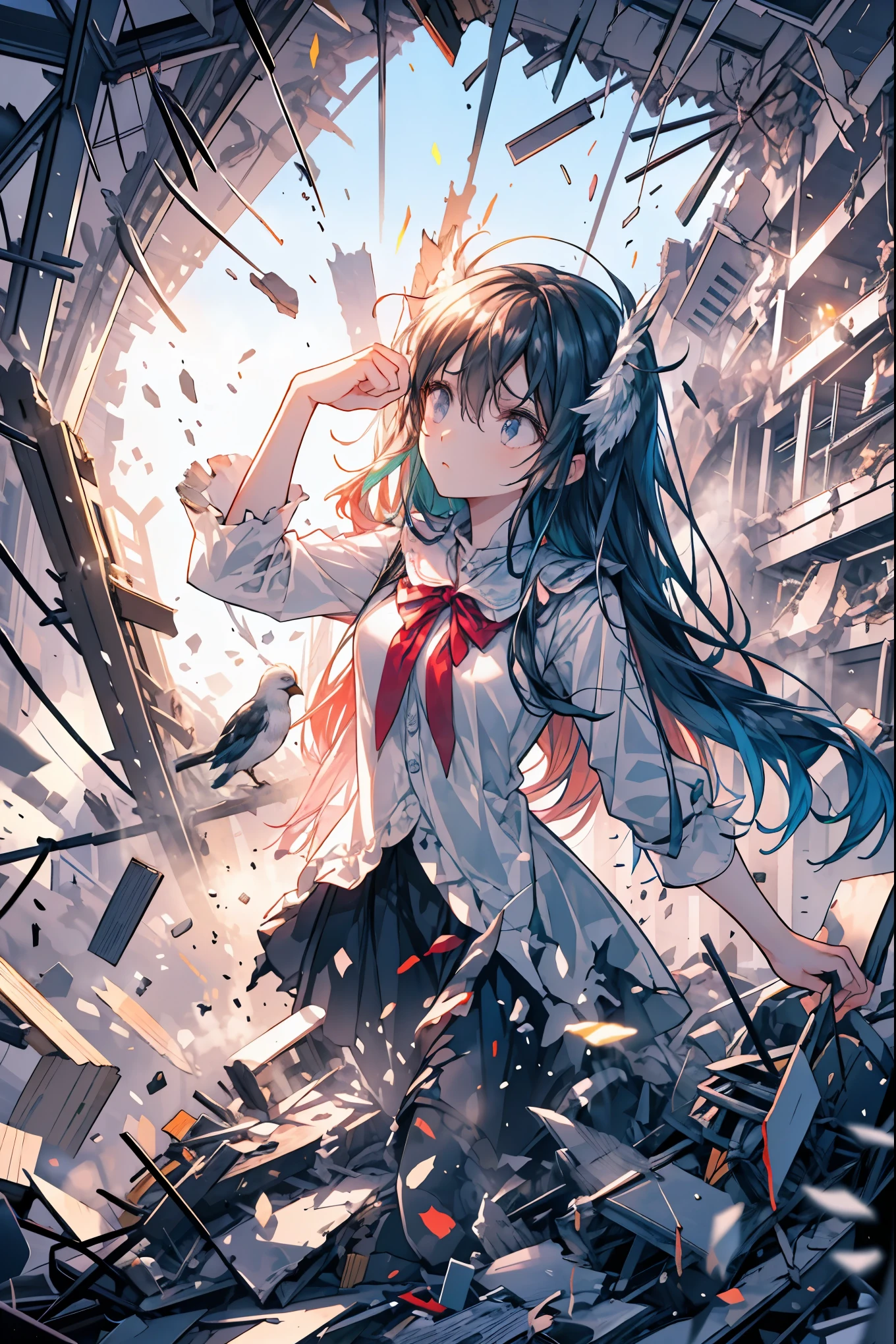 ((from above:1.2)),Quite a bird's-eye view、I can see my whole body,Super Powers Homeless、Psychic Standing Inside the Collapsed Building、stunned expression、Strenuous Posture、Destroyed environment、Dark and Desolate Atmosphere、4K ultra-high definition photo、REALISTIC TEXTURE、Horrifying Dark Tones、Ruins Concept Art、Photographic Rendering、Extreme Textures and Details、HDR、professional、Vivid Colors、The Blown Away Town、Collapsed Building