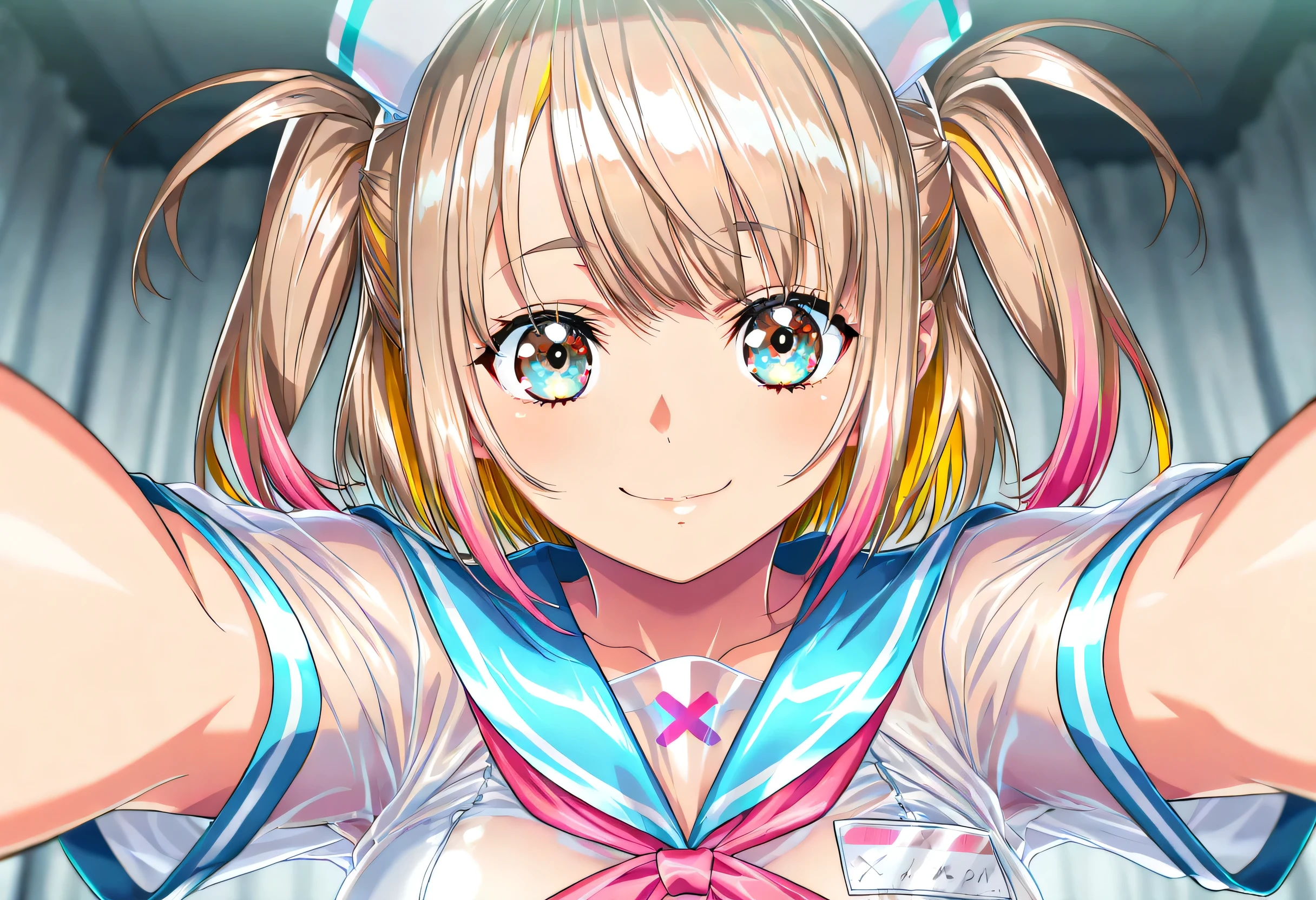 (Yokota Mamoru style),Charming Smile,(portrait :1.4),(Yokota Mamoru style),("light brown hair color that faces the front naturally,Twin Tail Hair"),
("Transcendental Cuteアイドルフェイス"),
("Wear an ultra-clear lateX sailor costume that is all over the short sleeve,wear the most clear lateX clear lateX clear pink ribbon"),
("Wear an Ultra Clear LateX See-through LateX Sailor Costume Style {X} Wear an Ultra Clear LateX See-through LateX Sailor Costume Style {X} Short Sleeves Super Clear See-through LateX,wear an ultra-clear lateX see-through sailor top with the full surface of the short sleeve,wear an ultra-clear clear lateX see-through clear blue sailor miniskirt with the highest transparency on the entire surface of the ultra-transparent clear clear blue"),
("ultra real super clear see through sailor costume style"),
("with the Most Transparent Background"),
masterpiece, photorealistic, Impressionism, Very detailed, depth of field, dynamic lighting, Highest Quality, very aesthetic, 8k, Highest Quality, Clear Focus,
realistic.
1girl, gal idol, beautiful ,Frontal position と顔,
("Highlights Super Clear Ultra Clear ,Best Ultra Realistic Ultra Clear TeXture"),
("Facing Front,Frontal position "),
("Transcendental Cute顔,Transcendental Beautiful Girl"),
("Clear Eyes,small face,EXtremely beautiful,Transcendental Cute"),
("cute double eyelids, thin eyebrows,closed mouth"),
("blonde and pink hair"),
("Super Clear Nurse Female"),
("brightest lighting and light、It is shot in an ultra-clear space"),
bang. Real skin,
shot from the front, face focus,
on a bra, dynamic angle.