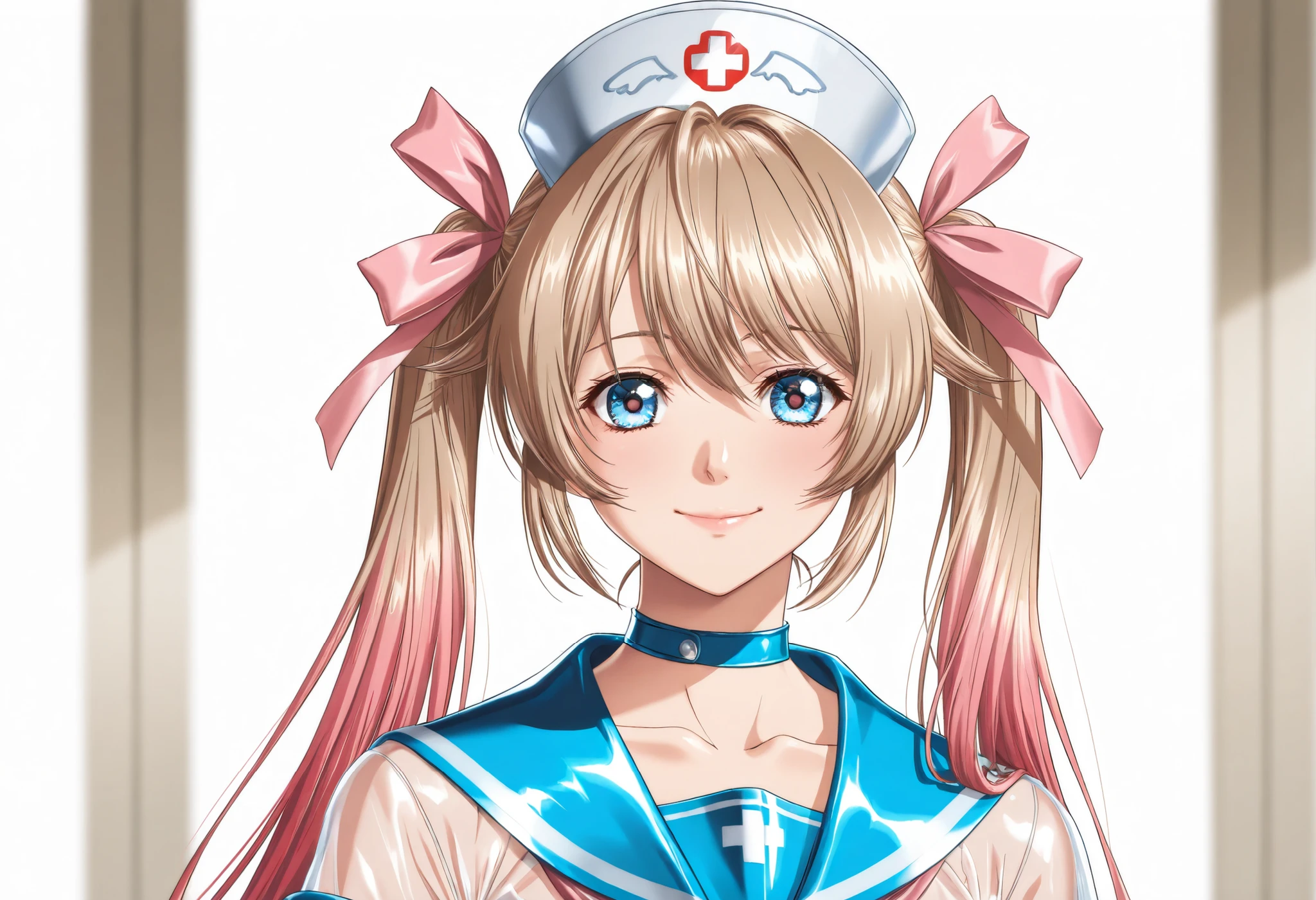 (Yokota Mamoru style),Charming Smile,(portrait :1.4),(Yokota Mamoru style),("light brown hair color that faces the front naturally,Twin Tail Hair"),
("Transcendental Cuteアイドルフェイス"),
("Wear an ultra-clear lateX sailor costume that is  all over the short sleeve,wear the most  clear lateX clear lateX clear pink ribbon"),
("Wear an Ultra Clear LateX See-through LateX Sailor Costume Style {X} Wear an Ultra Clear LateX See-through LateX Sailor Costume Style {X} Short Sleeves Super Clear  See-through LateX,wear an ultra-clear lateX see-through sailor top with the full surface of the short sleeve,wear an ultra-clear clear lateX see-through clear blue sailor miniskirt with the highest transparency on the entire surface of the ultra-transparent clear clear blue"),
("ultra real super clear see through sailor costume style"),
("with the Most Transparent Background"),
masterpiece, photorealistic, Impressionism, Very detailed, depth of field, dynamic lighting, Highest Quality, very aesthetic, 8k, Highest Quality, Clear Focus,
realistic.
1girl, gal idol,  beautiful ,Frontal position と顔,
("Highlights Super Clear Ultra Clear ,Best Ultra Realistic Ultra Clear  TeXture"),
("Facing Front,Frontal position "),
("Transcendental Cute顔,Transcendental Beautiful Girl"),
("Clear Eyes,small face,EXtremely beautiful,Transcendental Cute"),
("cute double eyelids, thin eyebrows,closed mouth"),
("blonde and pink hair"),
("Super Clear Nurse Female"),
("brightest lighting and light、It is shot in an ultra-clear space"),
bang. Real skin, 
shot from the front, face focus, 
on a bra, dynamic angle.
