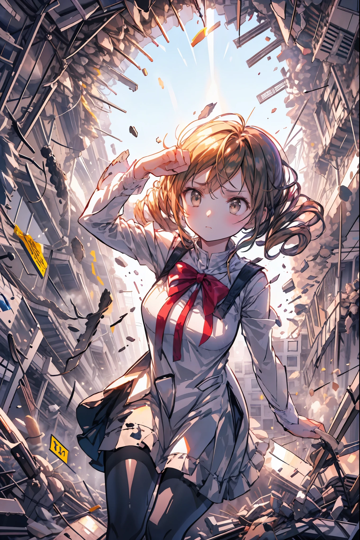 ((from above:1.2)),Quite a bird's-eye view、I can see my whole body,Super Powers Homeless、Psychic Standing Inside the Collapsed Building、stunned expression、Strenuous Posture、Destroyed environment、Dark and Desolate Atmosphere、4K ultra-high definition photo、REALISTIC TEXTURE、Horrifying Dark Tones、Ruins Concept Art、Photographic Rendering、Extreme Textures and Details、HDR、professional、Vivid Colors、The Blown Away Town、Collapsed Building