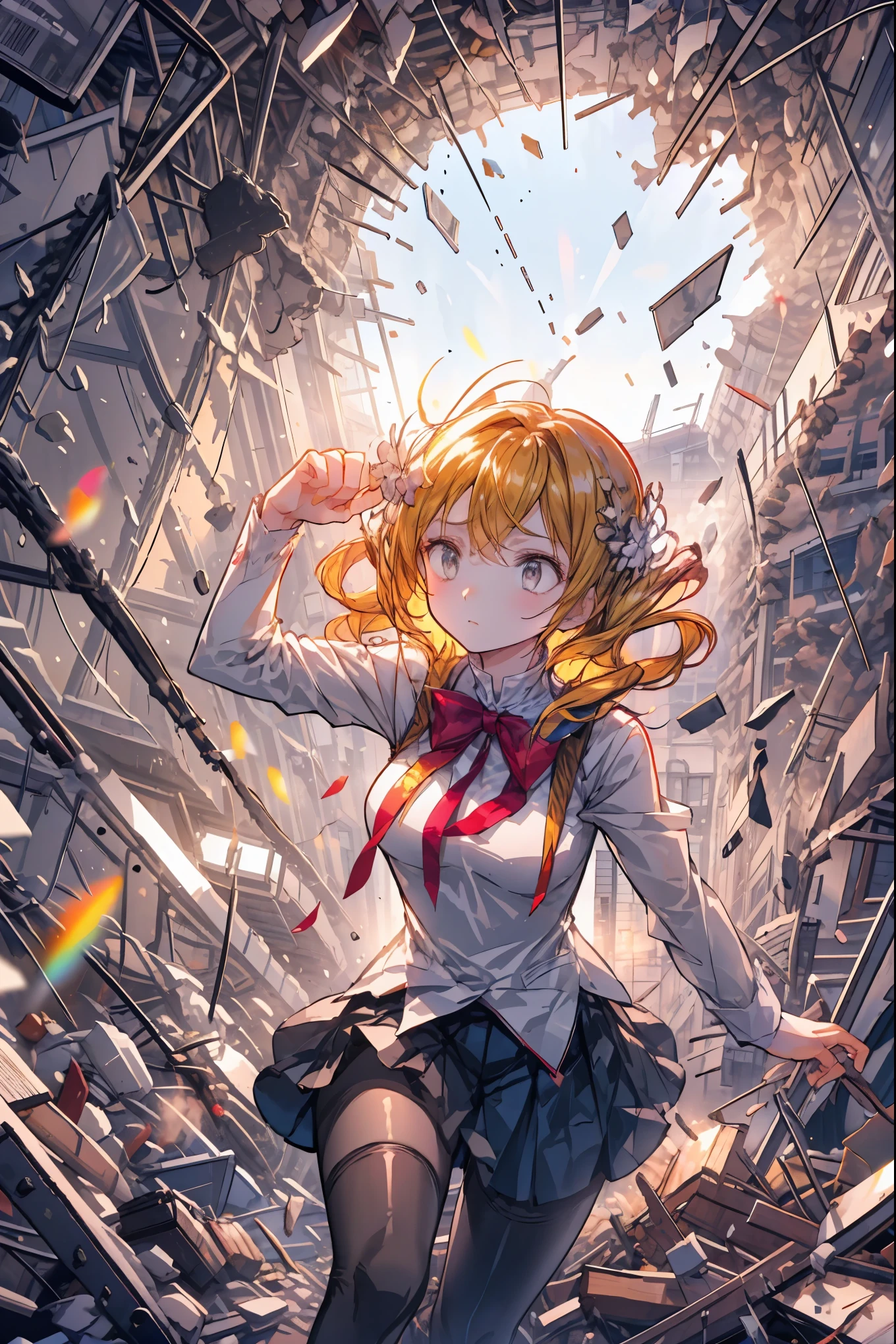 ((from above:1.2)),Quite a bird's-eye view、I can see my whole body,Super Powers Homeless、Psychic Standing Inside the Collapsed Building、stunned expression、Strenuous Posture、Destroyed environment、Dark and Desolate Atmosphere、4K ultra-high definition photo、REALISTIC TEXTURE、Horrifying Dark Tones、Ruins Concept Art、Photographic Rendering、Extreme Textures and Details、HDR、professional、Vivid Colors、The Blown Away Town、Collapsed Building