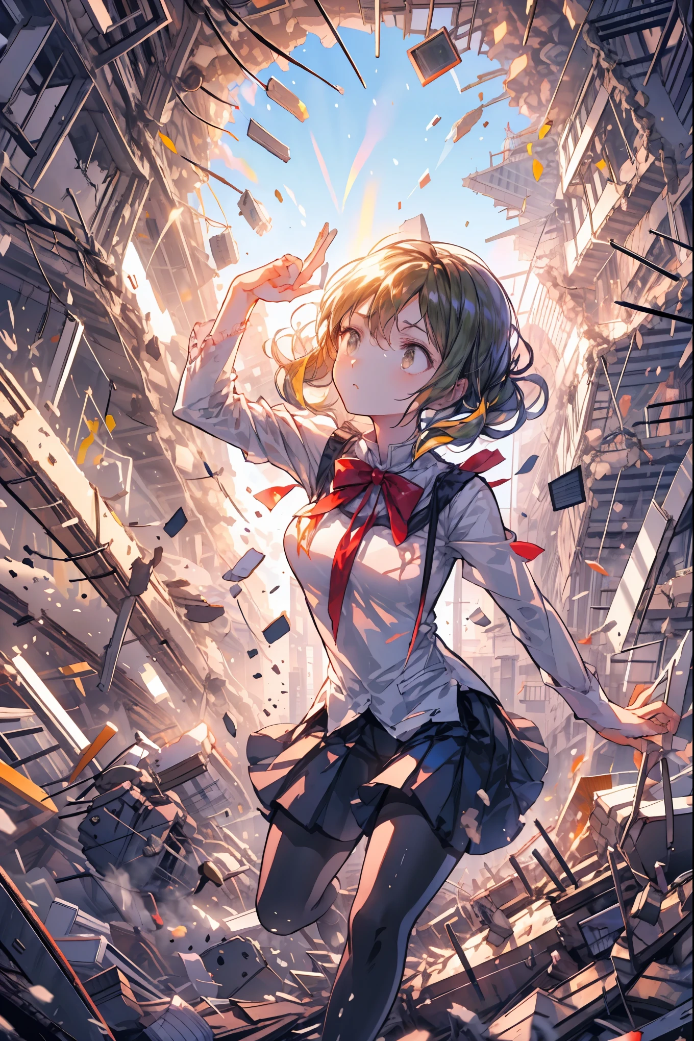 ((from above:1.2)),かなり俯瞰で、I can see my whole body，Super Powers Homeless、psychic standing inside a collapsed building with a pretty bird's-eye view、Did it again、Tehepero、stunned expression、Strenuous Posture、Destroyed environment、Dark and Desolate Atmosphere、4K ultra-high definition photo、REALISTIC TEXTURE、Horrifying Dark Tones、Ruins Concept Art、Photographic Rendering、Extreme Textures and Details、HDR、professional、Vivid Colors、The Blown Away Town、Collapsed Building