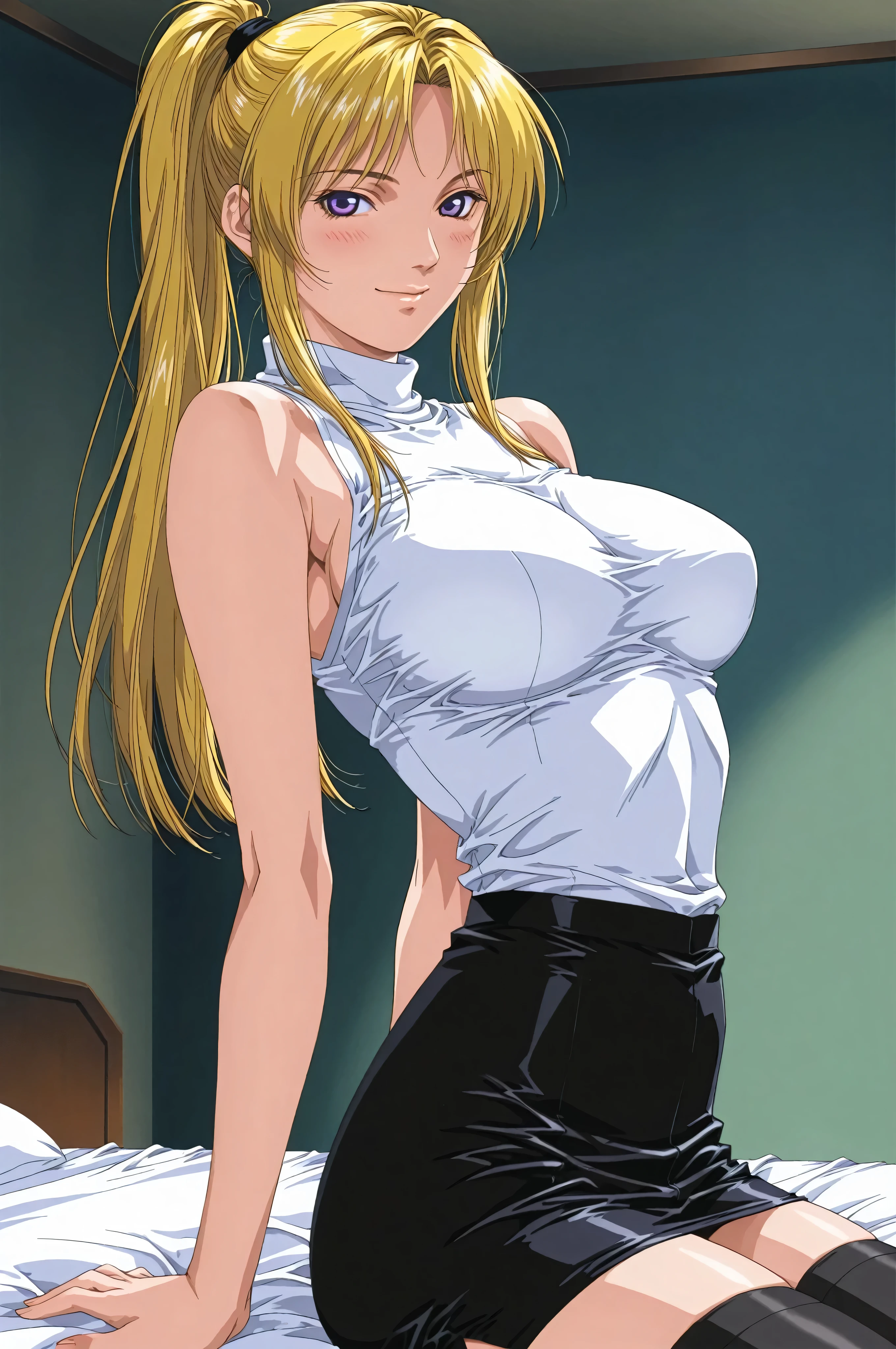 saeki,score_9, score_8_up , score_7_up , score_6_up , score_5_up , score_4_up ,source_anime,clip skip:2,official art,(anime:1.4),(masterpiece:1.3),solo,(18 years old:1.4),(young female:1.4), (vivid color:1.3),slender face,high school students, Bright Lights,(very beautiful female body:1.4),(cowboy shot:1.4),( extremely accurate details,sup er high resolution:1.5),( High Definition CG Unity 8k :1.5),sitting on bed,,day time,(white turtleneck:1.2),sleeveless turtleneck,,,,,,,,,,,,(black pencil skirt),,black thighhighs,,,,,,,,,,,,big eyes,(purple eyes:1.3),(feature large highlight:1.4),(bright front face lighting :1.3),(parted bangs:1.3), (tsurime :1.1),(beautiful woman:1.4),blush,(perfect female body:1.4),,long hair,(ponytail:1.4),,(arched back:1.3),(slender waist :1.3),(curve, model, attractive:1.4),(汗:1.4),( realistic , Highly realistic:1.5),(looking at viewer),,(slender:1.4),slender waist,( blonde hair:1.5), one girl,(large breasts:1.4),bed room,,smile,(pinup:1.4),