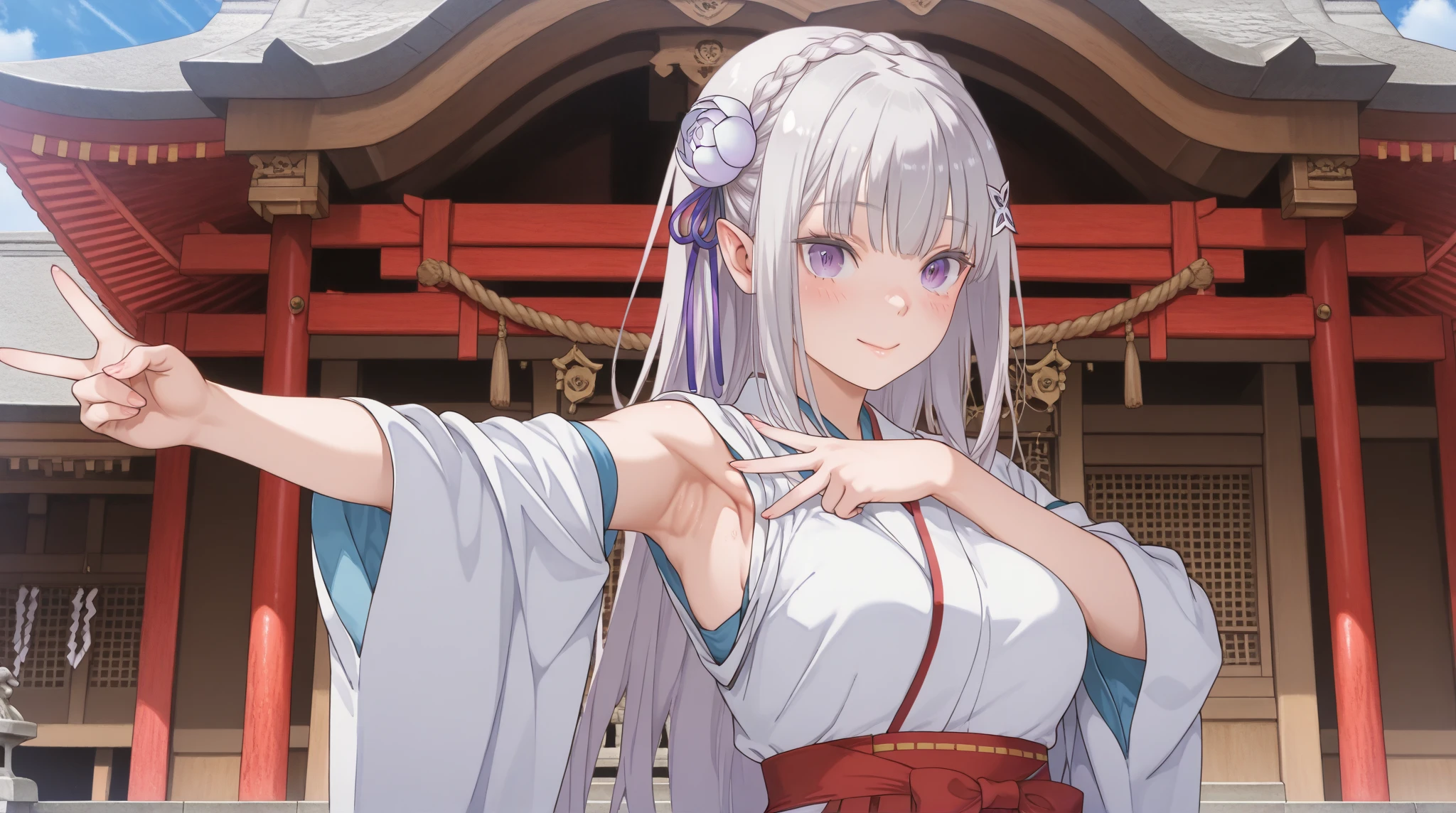 White hair,Flowing hair,red eyes,ngực vừa,kimono