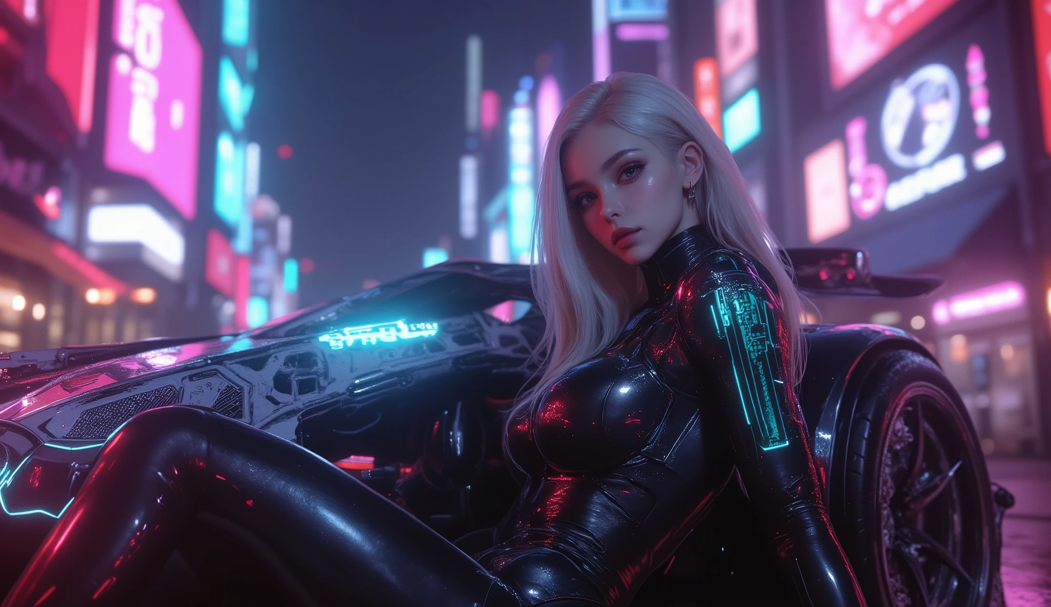 (Meisterwerk), (best quality), ultra-detailliert, fotorealistisch,  8k resolution , Kinematic daylight, 
A gothic girl sits back to the car, dramatische Pose,  
Hyperrealistic cyberpunk portrait of a stunning young woman in sleek black latex , leaning casually against a futuristic armored hovercar in the heart of a neon-soaked megacity at night. Her right arm is a fully articulated chrome cybernetic limb, with glowing data lines pulsing through transparent panels. She has long, silky platinum hair with neon streaks, slightly windblown, framing a flawless face with piercing icy-blue eyes and a subtle smirk of confidence. Her outfit gleams under the rain-slick streets’ reflections, hugging her athletic, feminine form.

Behind her, holographic billboards, flying cars, and towering skyscrapers disappear into a hazy mist of pink, cyan, and violet light. The hovercar’s surface is covered in luminous circuit patterns and kinetic armor plating, softly glowing with power. A faint holographic HUD projects from her cyber-arm, casting a cyan glow onto her face. The atmosphere is cinematic and moody — heavy rain, reflective puddles, steam rising from vents, and shimmering neon shadows.

Masterpiece quality, 8K ultra detail, photorealistic cyberpunk concept art, intricate textures, dramatic lighting, trending on ArtStation, Unreal Engine rendering, hyperdetailed, atmospheric depth of field, bokeh effects, perfect , cinematic realism.
