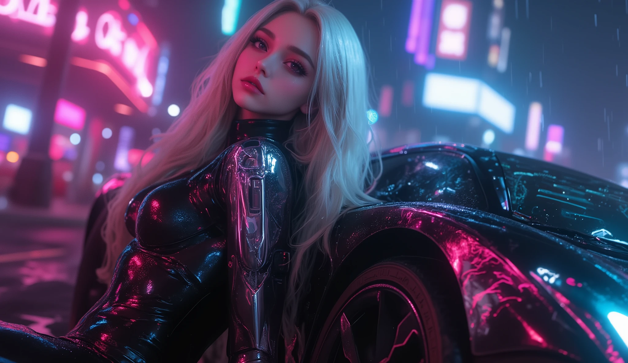 (Meisterwerk), (best quality), ultra-detailliert, fotorealistisch,  8k resolution , Kinematic daylight, 
A gothic girl sits back to the car, dramatische Pose,  
Hyperrealistic cyberpunk portrait of a stunning young woman in sleek black latex , leaning casually against a futuristic armored hovercar in the heart of a neon-soaked megacity at night. Her right arm is a fully articulated chrome cybernetic limb, with glowing data lines pulsing through transparent panels. She has long, silky platinum hair with neon streaks, slightly windblown, framing a flawless face with piercing icy-blue eyes and a subtle smirk of confidence. Her outfit gleams under the rain-slick streets’ reflections, hugging her athletic, feminine form.

Behind her, holographic billboards, flying cars, and towering skyscrapers disappear into a hazy mist of pink, cyan, and violet light. The hovercar’s surface is covered in luminous circuit patterns and kinetic armor plating, softly glowing with power. A faint holographic HUD projects from her cyber-arm, casting a cyan glow onto her face. The atmosphere is cinematic and moody — heavy rain, reflective puddles, steam rising from vents, and shimmering neon shadows.

Masterpiece quality, 8K ultra detail, photorealistic cyberpunk concept art, intricate textures, dramatic lighting, trending on ArtStation, Unreal Engine rendering, hyperdetailed, atmospheric depth of field, bokeh effects, perfect , cinematic realism.
