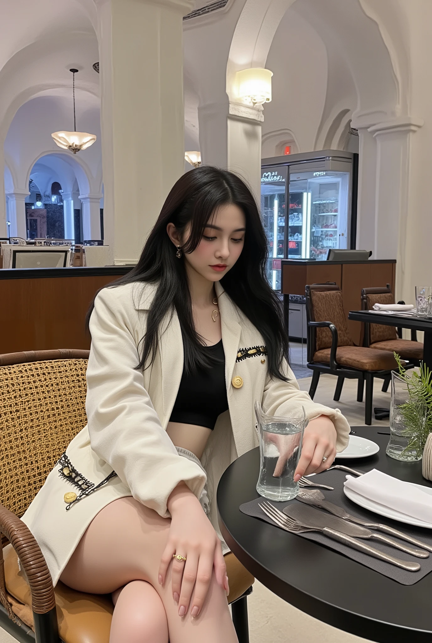 A stylish young woman sitting elegantly in a luxurious modern restaurant with high white arches and tall pillars. She has long straight black hair flowing naturally, looking down with a calm and graceful expression. ((She wears a chic ivory white tweed jacket with gold buttons and black decorative pocket details, layered over a black inner outfit with short bottoms)). She sits on a rattan chair with black frame and cushioned seat, one hand resting gracefully on the table holding a clear glass of water, the other relaxed. Her fingers are adorned with a delicate ring, nails polished naturally. ((On the black round dining table are a placemat, neatly arranged plate, fork, knife, napkin, and a small vase with fresh green plant)). The background shows an elegant dining space with soft warm lighting, neatly arranged tables, and a glass refrigerator displaying premium cuts of meat. The atmosphere is luxurious, refined, and sophisticated. ((natural soft lighting with warm tones, fashion photography style with focus on elegance and atmosphere, highly detailed textured, high resolution)).