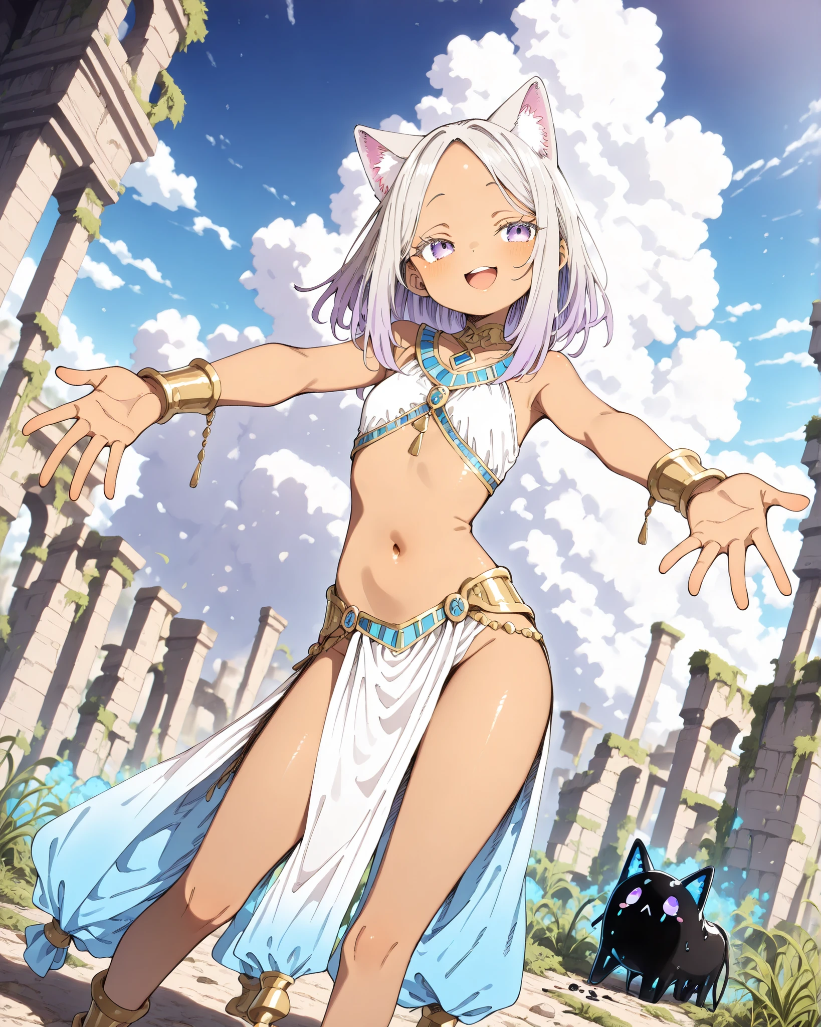 ((Abara Heiki style)), ((Masterpiece)), ((best quality, amazing quality)), ((very aesthetic, absurdres, newest)), ((detailed background, negative space, blurry background, depth of field)), (dynamic angle), ((1girl)), Cute young Girl, (Healthy Gaunt body, Textured skin, small , tilt head), ((kawaii)), Egyptian girl, ((brown-skinned)), round eyes, (pale purple eyes, gradient eyes, averting eyes, looking at side), smile, open mouth, (put on cat ears), (dancer costume, curtains), ((trival loincloth, long pelvic curtain)), (platinum-gold hair, medium hair), gradient hair, blue color Hair Tip, (long parted bangs, cute forehead, long sidelooks), beautiful collarbones, (cute cheeks), glossy lips, pouty lips, (lower eyelashes), BREAK, (ancient ruined overgrown, outdoor), Large Cumulonimbus Clouds, (contrapposto, ), (incoming hug, reaching out arm at front), Weeds, Beautiful ruins covered with lots of vegetation, aged ruins, pile of rubbles,
