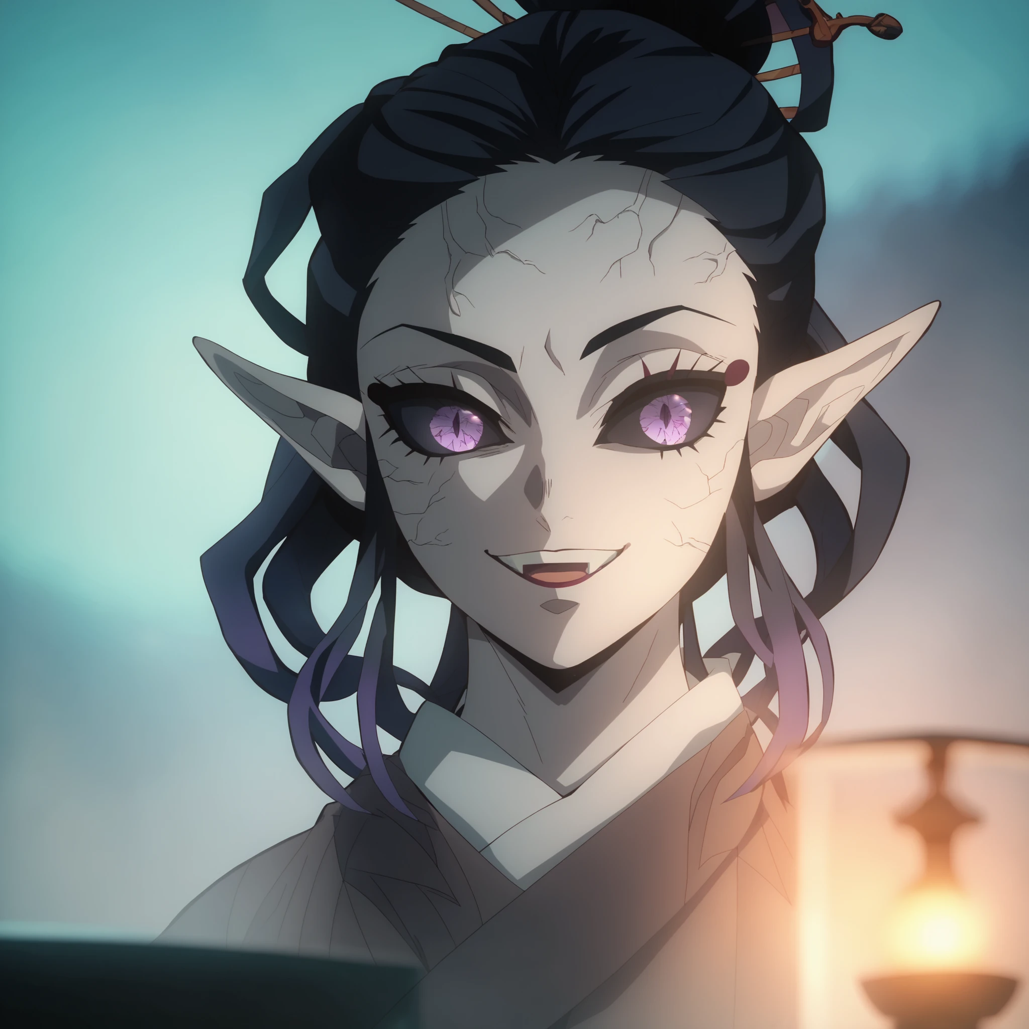 Anime screencap, Season 4 Ufotable studio, demon woman, face close up, night time, long flowing black hair with purple highlights, styled in a high bun with loose strands framing the face, sharp straight bangs, pale skin, long pointed ears, narrow purple eyes, black sclera, dark eyeliner and long lashes, thin arched eyebrows, small nose, sharp smile with slightly exposed fangs, expression confident and mischievous. Looking to her side, evil malevolent smile,