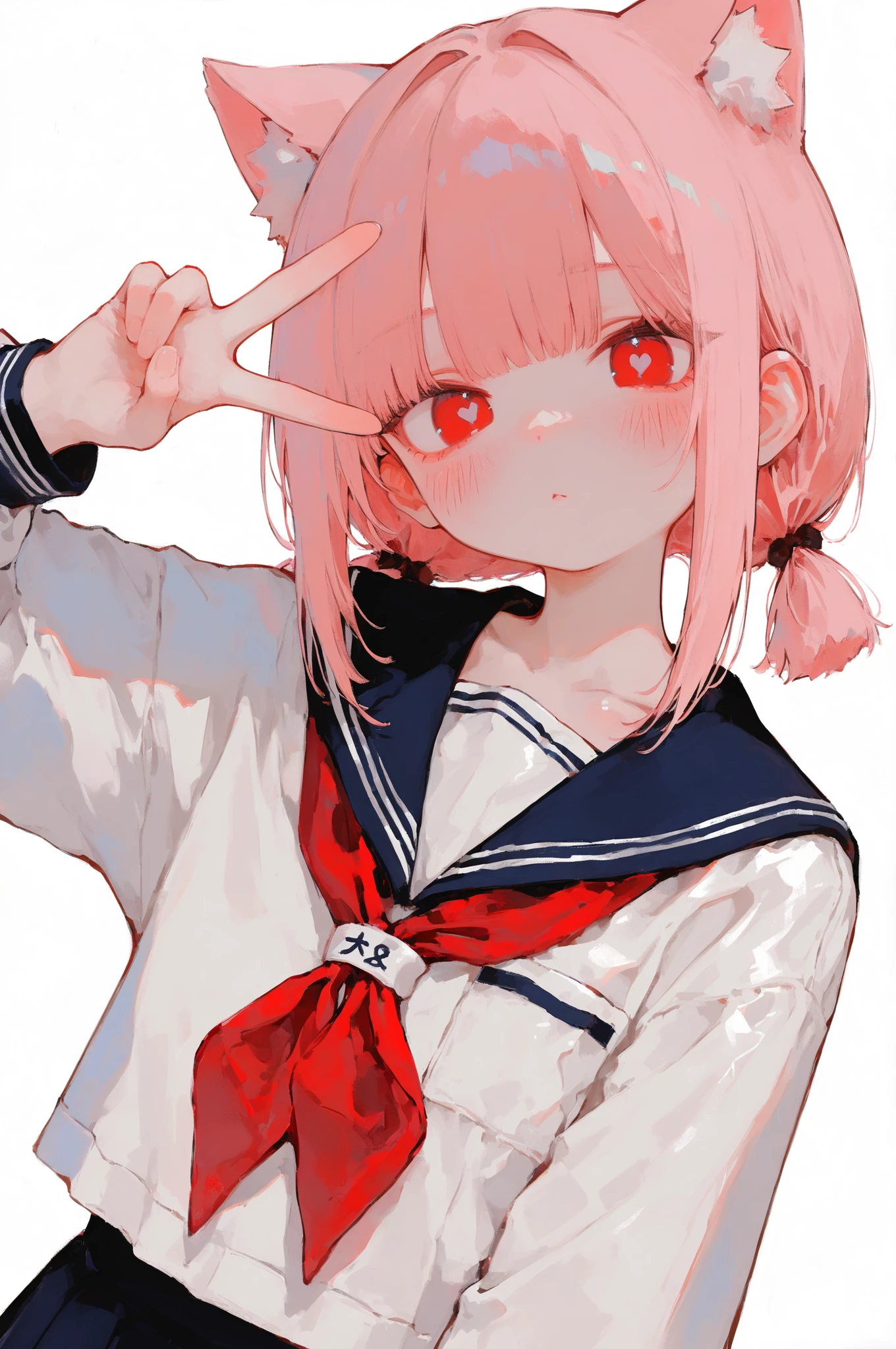 Beautiful catgirl, simple background, cute school uniform, peace hand sign, slim, young, petite, hitomi cut, twin tails, blush, detailed body, (Masterpiece), 4k, 8k, digital art, realistic, (detailed), absurd, newest, (best quality), (highest quality), aesthetic, beautiful angle, beautiful illumination, HDR, RTX, 748cmstyle, shiny skin, 96YOTTEA