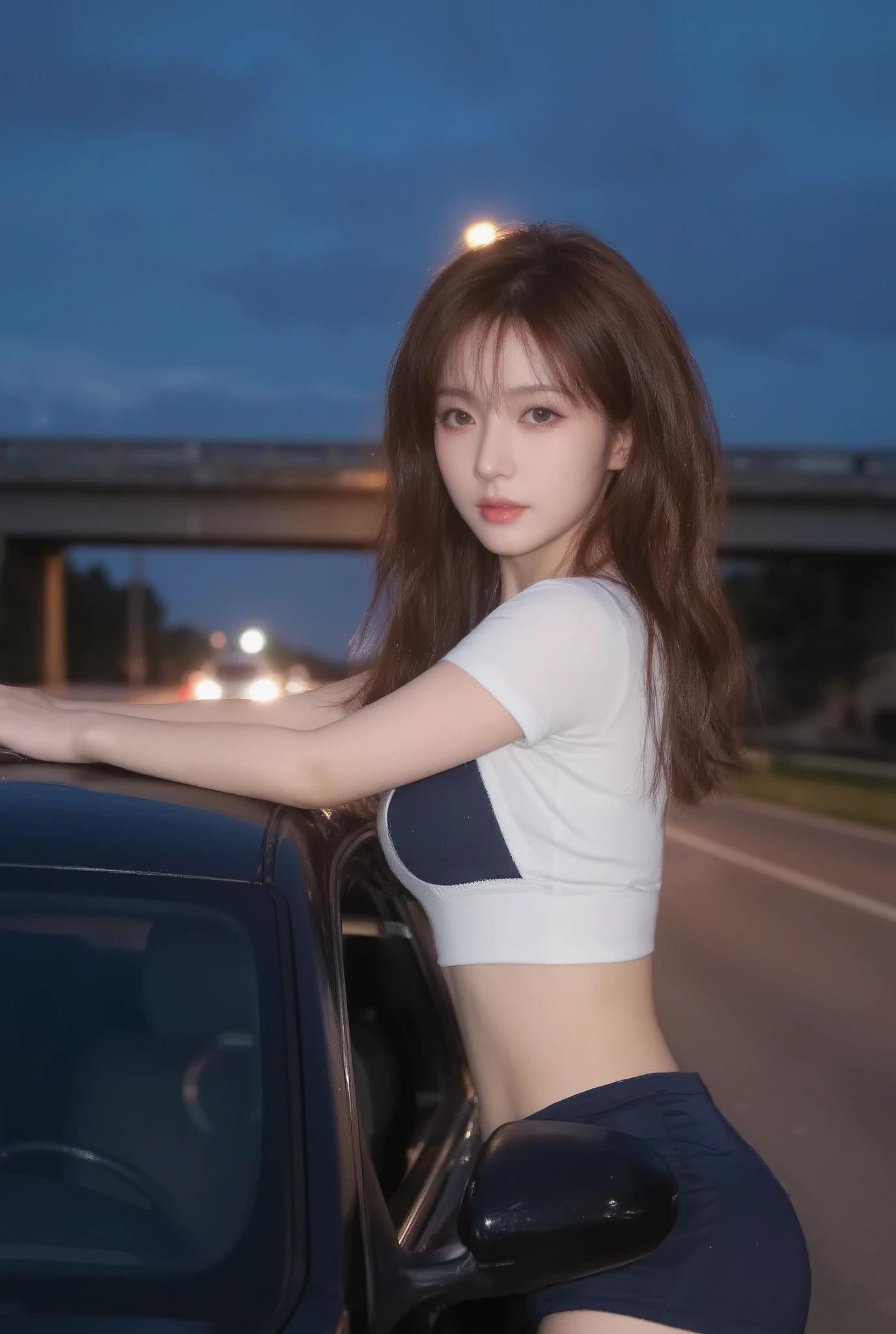 A stunning young woman leaning half of her upper body out of a sleek black car window at dusk, posing confidently. Long flowing dark brown hair slightly blown by the wind, pale flawless skin, big expressive eyes with sharp eyeliner, soft pink lips. ((Wearing a tight white ribbed crop top slipping off the shoulders, revealing a sporty deep blue bra underneath, paired with short white bottoms)). Slim waist, flat toned stomach, and a small side tattoo on her right waist. Her hands rest on the car roof and side mirror, emphasizing her curves. Background shows evening twilight blue sky, scattered clouds, highway overpass, and glowing street lights.
Cinematic portrait photography, ultra realistic, high resolution, 8K.
Shot with Sony A7R IV, 85mm f/1.4 lens, shallow depth of field, bokeh background.
Lighting setup: soft diffused key light on her face and body, natural ambient twilight light from the sky, slight rim light outlining her silhouette.
Dynamic composition, vibrant contrast, magazine fashion style.
