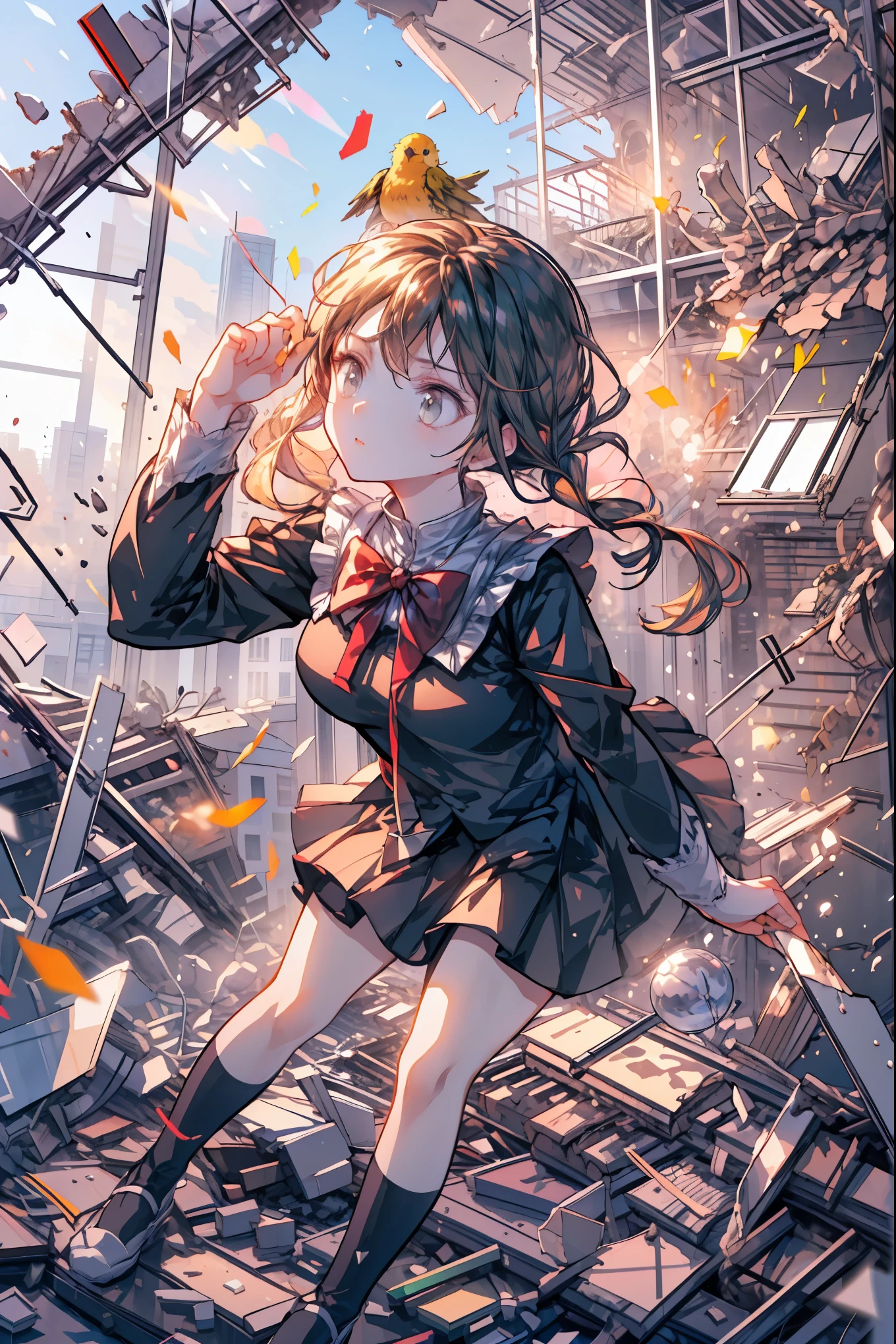 ((from above:1.2)),Quite a bird's-eye view、I can see my whole body,Super Powers Homeless、psychic standing inside a collapsed building with a pretty bird's-eye view、Did it again、Tehepero、stunned expression、Strenuous Posture、Destroyed environment、Dark and Desolate Atmosphere、4K ultra-high definition photo、REALISTIC TEXTURE、Horrifying Dark Tones、Ruins Concept Art、Photographic Rendering、Extreme Textures and Details、HDR、professional、Vivid Colors、The Blown Away Town、Collapsed Building