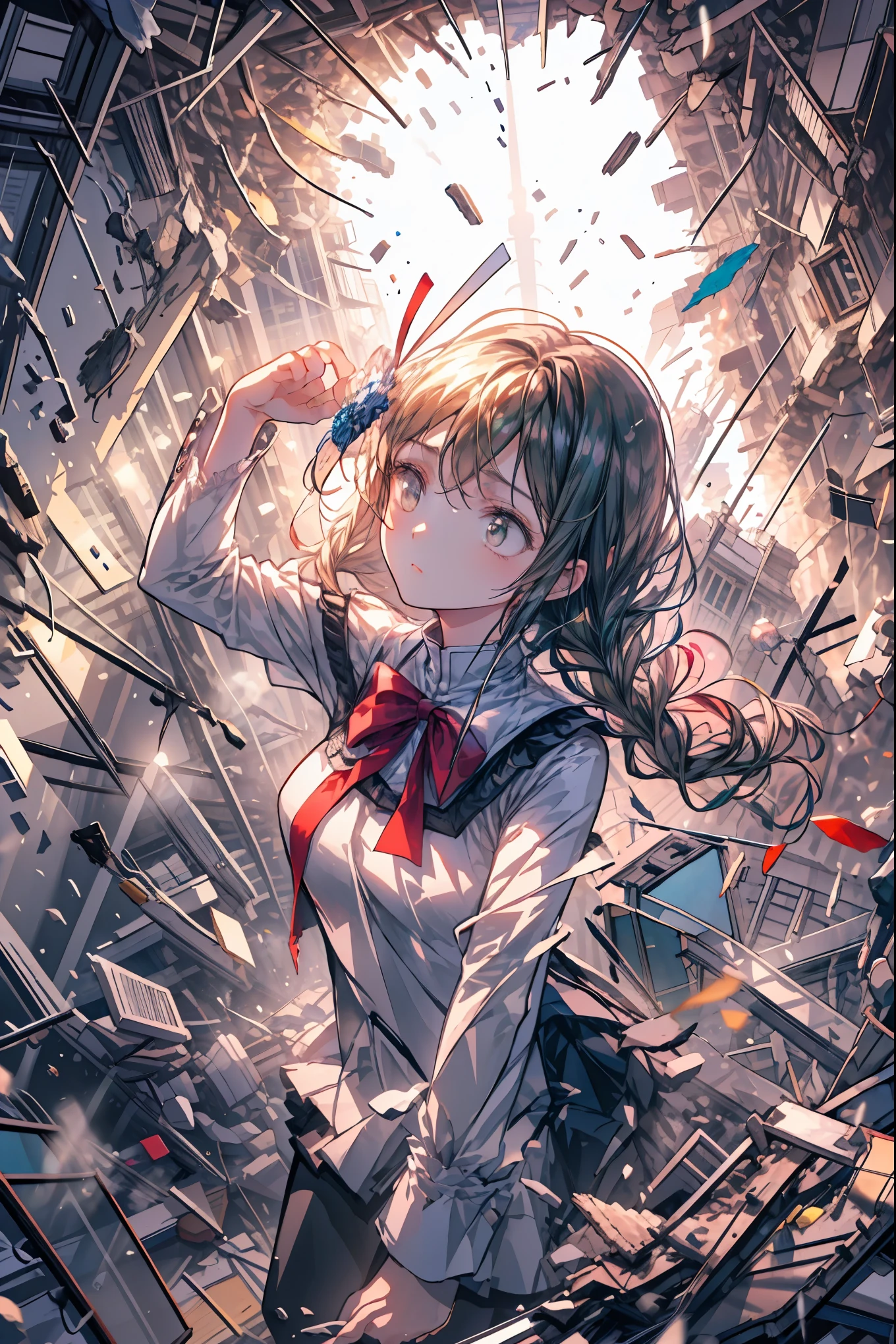 ((from above:1.2)),Quite a bird's-eye view、I can see my whole body，Super Powers Homeless、psychic standing inside a collapsed building with a pretty bird's-eye view、Did it again、Tehepero、stunned expression、Strenuous Posture、Destroyed environment、Dark and Desolate Atmosphere、4K ultra-high definition photo、REALISTIC TEXTURE、Horrifying Dark Tones、Ruins Concept Art、Photographic Rendering、Extreme Textures and Details、HDR、professional、Vivid Colors、The Blown Away Town、Collapsed Building