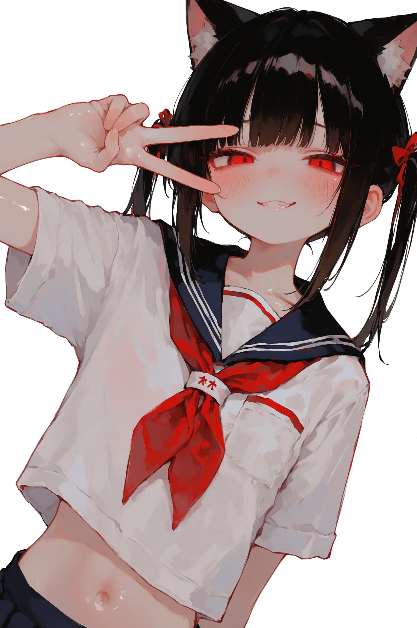 Beautiful catgirl, simple background, cute school uniform, peace hand sign, evil look, small evil smirk, slim, young, petite, hitomi cut, twin tails, blush, detailed body, (Masterpiece), 4k, 8k, digital art, realistic, (detailed), absurd, newest, (best quality), (highest quality), aesthetic, beautiful angle, beautiful illumination, HDR, RTX, 748cmstyle, shiny skin, 96YOTTEA