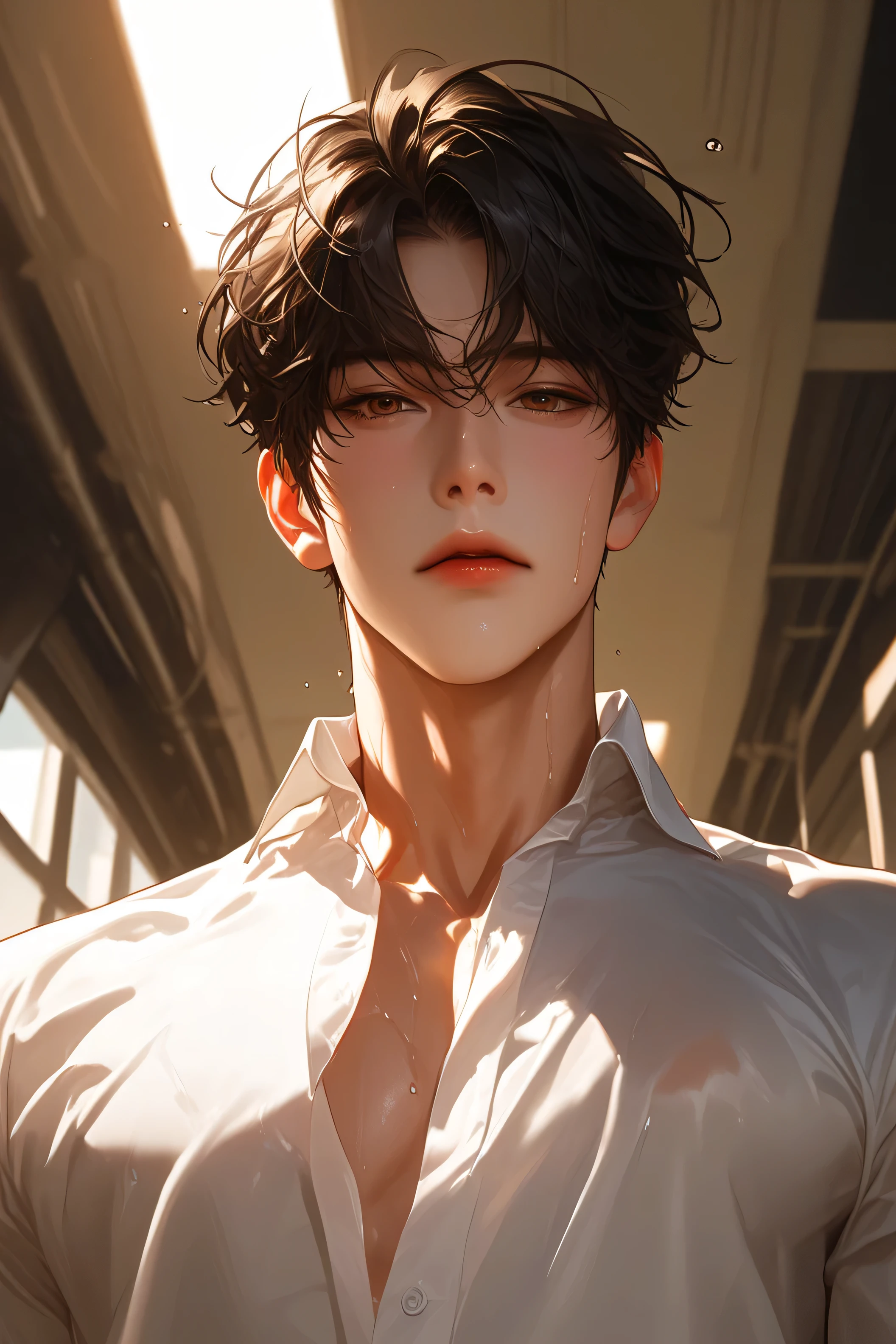 bad, black hair, Fitness, toast,Head perspective ,find, Korean Comic Style , depressing, young, good condition , very handsome 脸瓜子脸, wet hairstyle , dark brown hair, Attractive brown eyes , very handsome , black suit shirt, Enquiry, with raised eyes ,