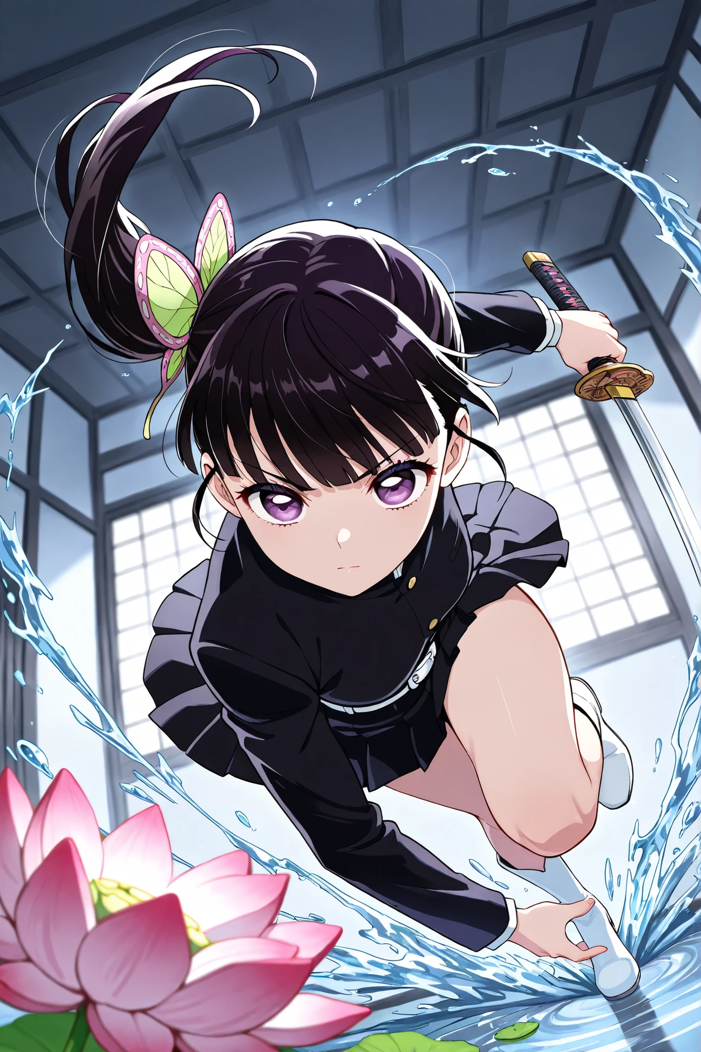 high definition anime style ,Highest Quality,{{detailed beautiful face and eyes}}, bright color , masterpiece , Highest Quality , perspective , Dynamic Composition , full body , motion blur,1girl, Kanao Tsuyuri, black uniform , black skirt , pleated skirt , White Belt , long sleeve , white boots、indoors , depth of field, serious , 1 sword , holding 刀 ,thrashing, Action Poses , カナヲ対Douma、Fierce Fight、Indoor、water surface、Lotus flower、Douma