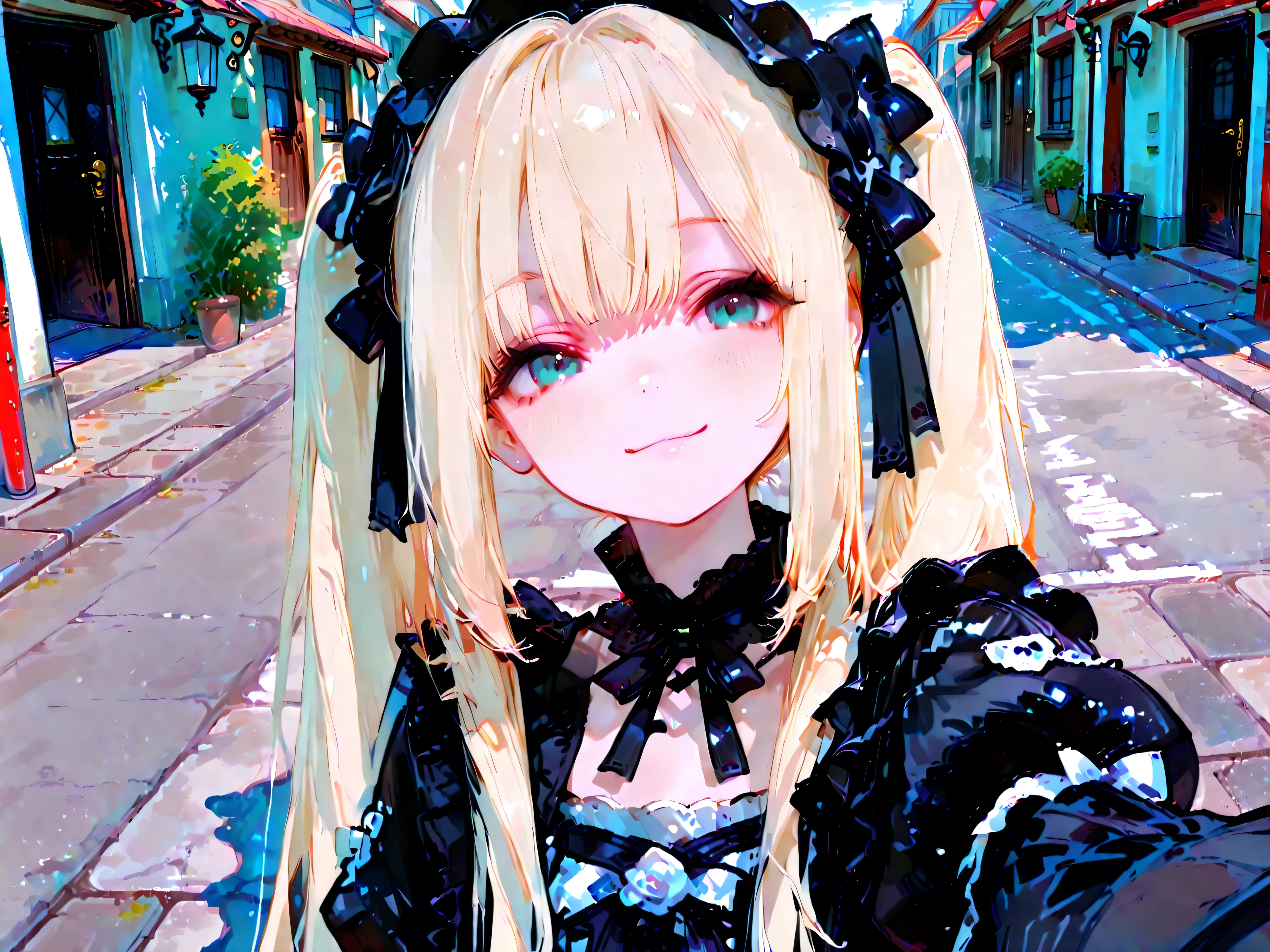 one woman,Blonde,long hair,twin tails,Gothic Lolita,Smile Yan,Street,sunny day,selfie,professional,High Quality,4K,HDR
