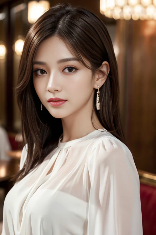 tmasterpiece,(Photorealistic), 32K, (1girll), mannequin,A pretty woman with perfect figure, Cute face, beautiful expression, (Lifelike face), Beautiful hairstyle, Realistic eyes, beautifuldetails, (real looking skin), Beautiful skins, Sitting by the window, hyper HD, Hyper-realistic, Realistic, Very detailed, (nedium ), (), japanaese girl, (Brown hair), , (slim figure), Fashion Clothing, (Translucent shirt), (Necklace, earrings), Balcony or window,highrise buildings, Night view of city in background