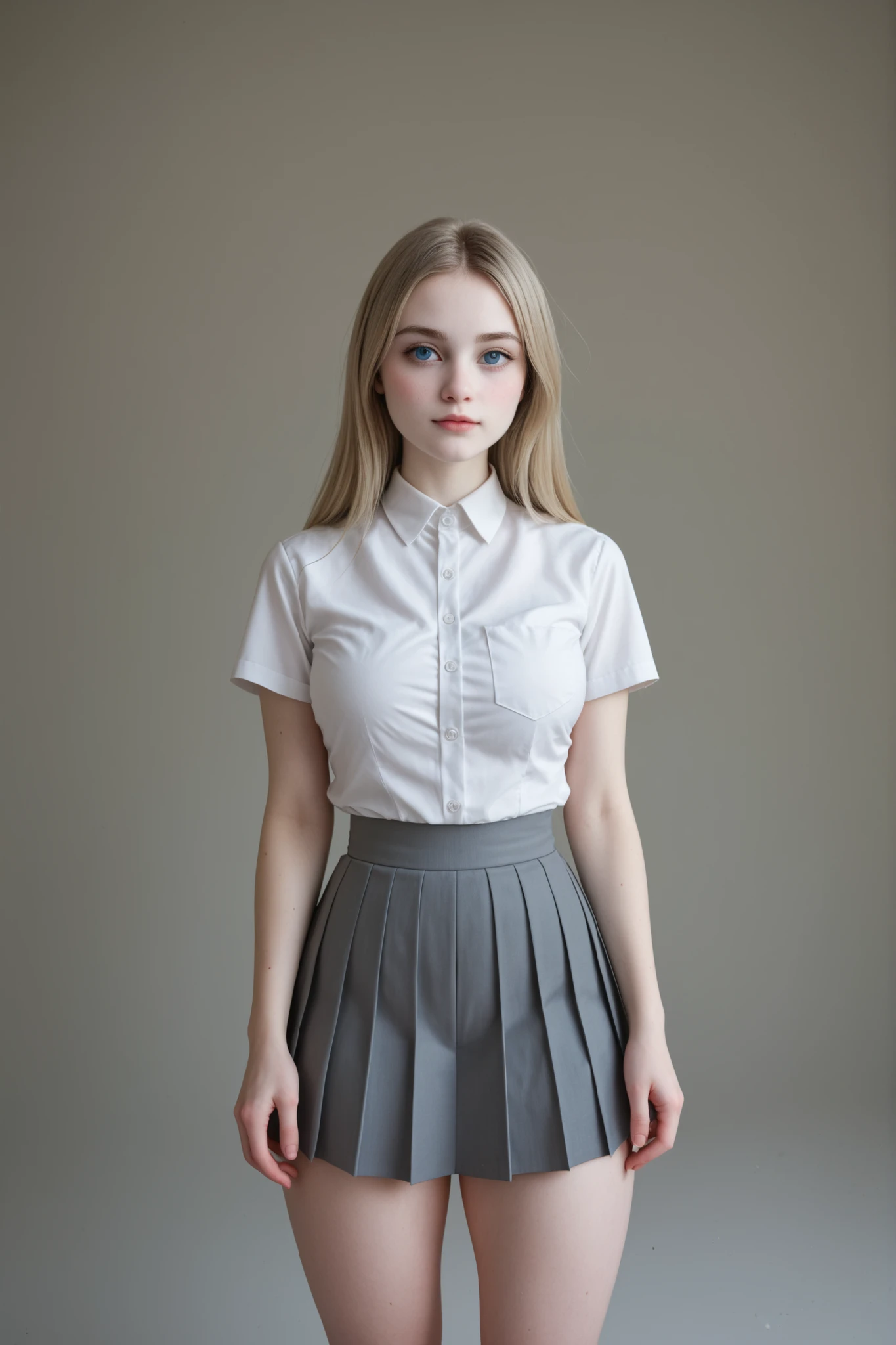 A young woman, standing, posing, in front of a white background, studio photoshoot, in perfect lighting, frontal portrait, 3/4 shot, centered framing, neutral background, minimalism.
Long hair, dirty blonde hair, (straight hair:1.1), perfect hair, shinny hair, thick hair, parted bangs.
Large eyes, beautiful eyes, blue eyes, expressive eyes, thick eyebrows, delicate facial features, symmetrical face, (teenager face:1.4), (cute face:1.4).
(Pale white skin:1.5), smooth skin, perfect skin.
(Attractive body:1.3), medium sized breasts, slender waist, round hips, prominent thighs, (thick thighs:1.5).
Wearing a preppy outfit, white short sleeve uniform shirt, slim fit formal women's shirt, shirt with white buttons, grey pleated school skirt, circular pleated school skirt.
UHD, highres, 16k, best quality, high details, anatomically correct, accurate, masterpiece.