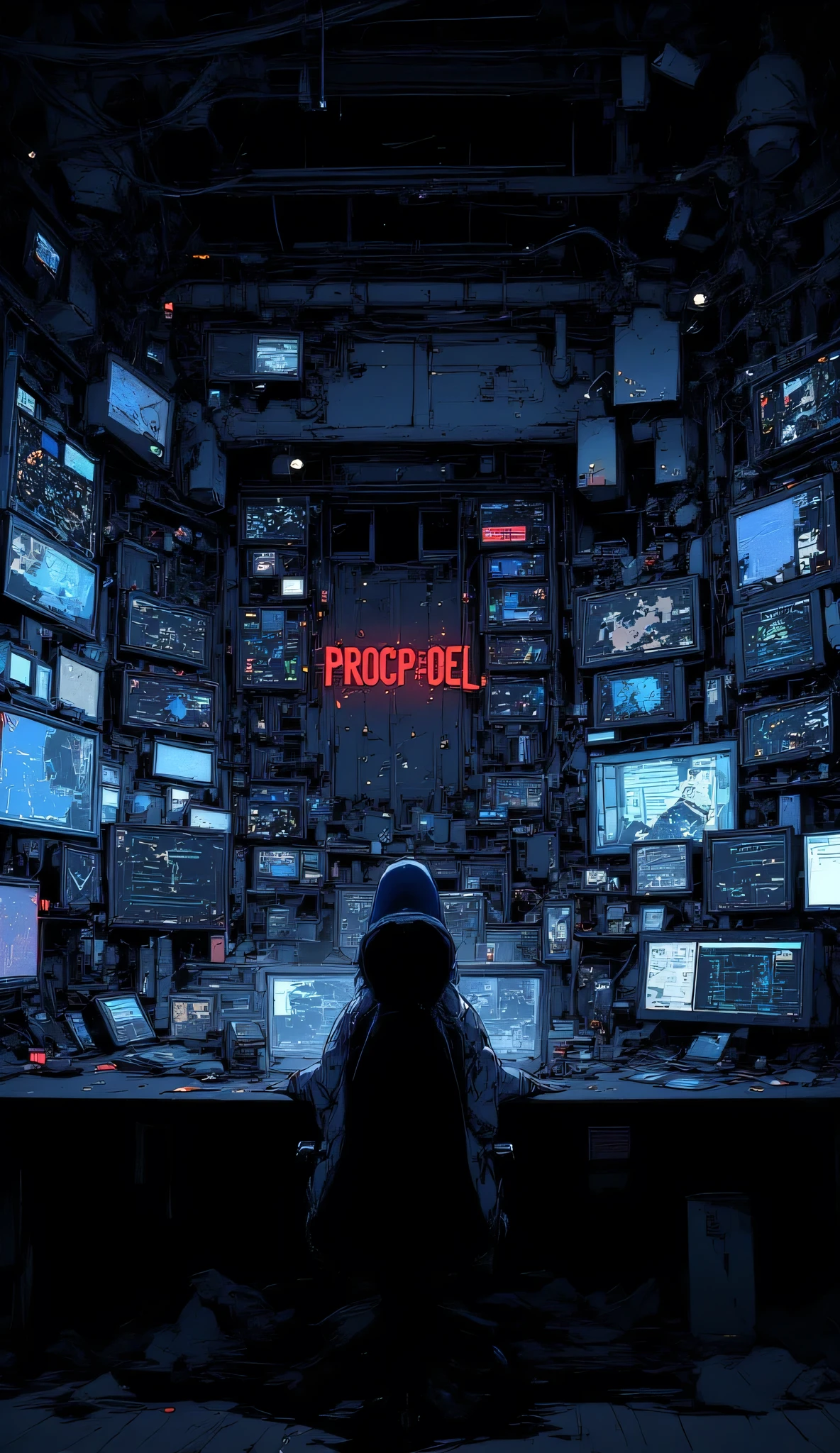A dark surveillance control room filled with dozens of malfunctioning screens, some showing glitching maps and unidentified heat signatures. One large central monitor displays the word “PROTOCOL” in corrupted red text. The room is dimly lit with a cold blue glow. Dust and static fill the air. Anime-style, ultra-detailed concept art, eerie and quiet atmosphere.