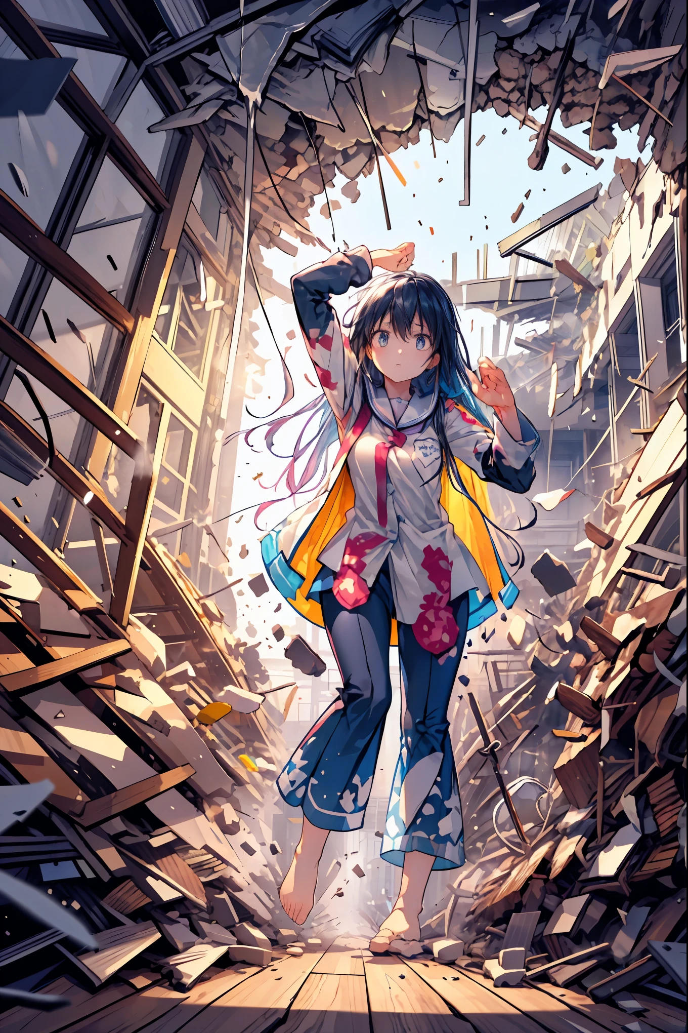 ((from above:1.2)),Quite a bird's-eye view、I can see my whole body,((pajamas)),anatomically correct hand,correct foot anatomically correct、Super Powers Homeless、psychic standing inside a collapsed building with a pretty bird's-eye view、Did it again、Tehepero、stunned expression、Strenuous Posture、Destroyed environment、Dark and Desolate Atmosphere、4K ultra-high definition photo、REALISTIC TEXTURE、Horrifying Dark Tones、Ruins Concept Art、Photographic Rendering、Extreme Textures and Details、HDR、professional、Vivid Colors、The Blown Away Town、Collapsed Building