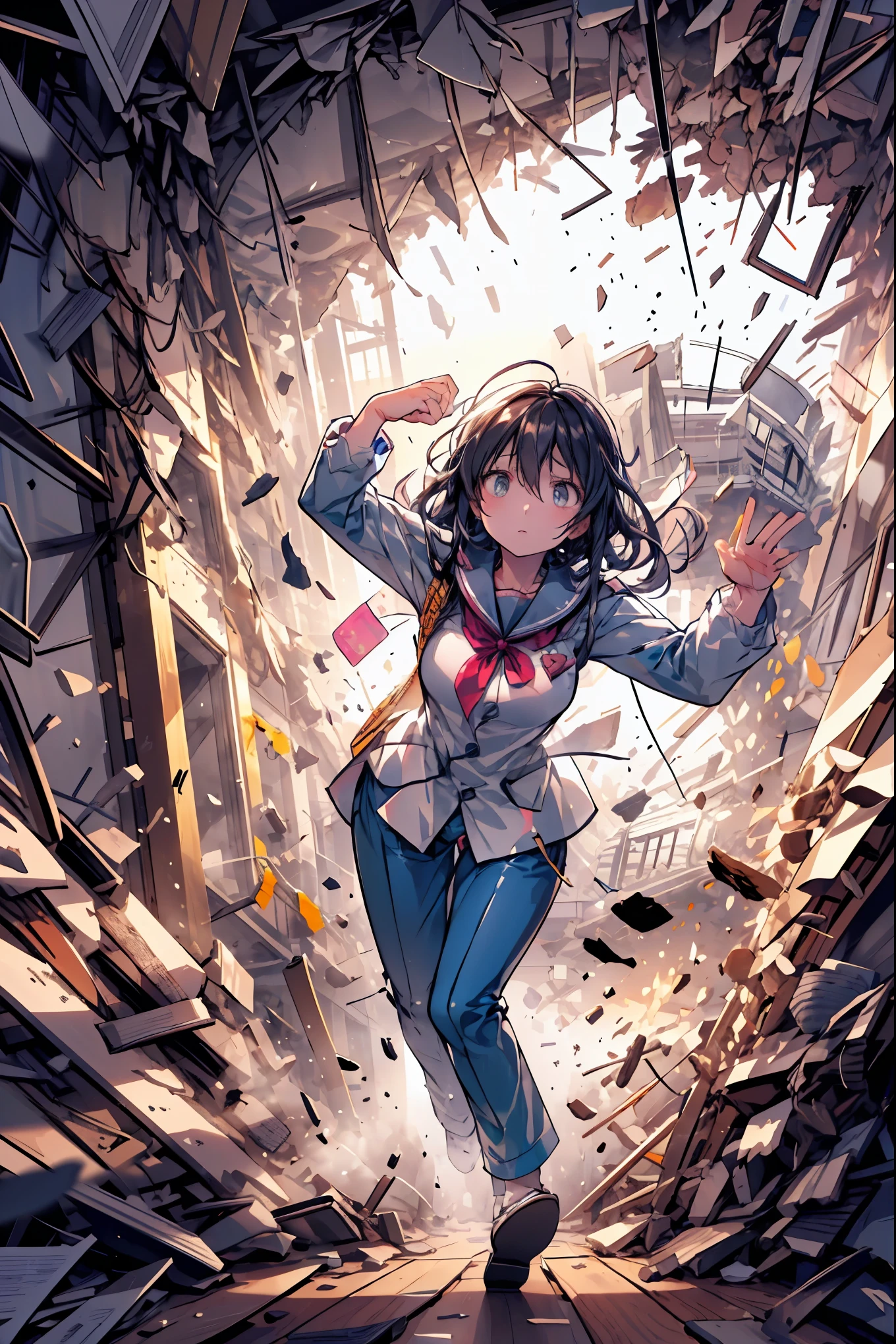 ((from above:1.2)),Quite a bird's-eye view、I can see my whole body,((pajamas)),anatomically correct hand,correct foot anatomically correct、Super Powers Homeless、psychic standing inside a collapsed building with a pretty bird's-eye view、Did it again、Tehepero、stunned expression、Strenuous Posture、Destroyed environment、Dark and Desolate Atmosphere、4K ultra-high definition photo、REALISTIC TEXTURE、Horrifying Dark Tones、Ruins Concept Art、Photographic Rendering、Extreme Textures and Details、HDR、professional、Vivid Colors、The Blown Away Town、Collapsed Building