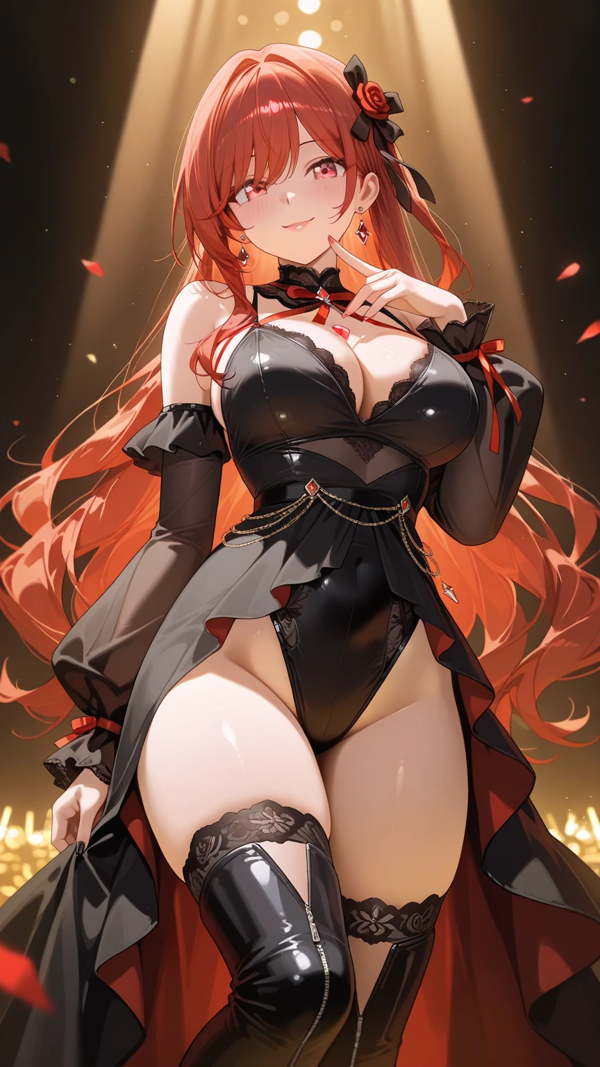 Anime woman,redhead, red eyes, glowing eyes, long hair, wolfcut hairstyle, , thigh-high stockings, big , big ,  body, red lips, malicious smile, chocker,  mark, succubus mark,  pose, gropping , squeezing , tongue out