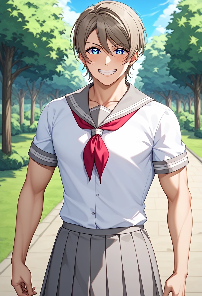 傑作、best quality、amazing quality、very aesthetic、absurdres、newest、scenery、best quality、anime screencap、anime colored、safe rating、anime coloring、anime screenshot、(detailed eyes:1.2)、watanabe you is a boy、watanabe-uniform、1boy、(male:1.55)、solo、looking at viewer、male focus、short hair、blue eyes、brown hair、gray hair、(manly face:1.55)、uranohoshi school uniform、white shirt、school uniform、short sleeve、pleated skirt、serafuku、sailor outfit、gray skirt、red neckerchief、outdoors、smile、grin、wood、standing、(manly:1.55)、toned body boy、(male body:1.55)、