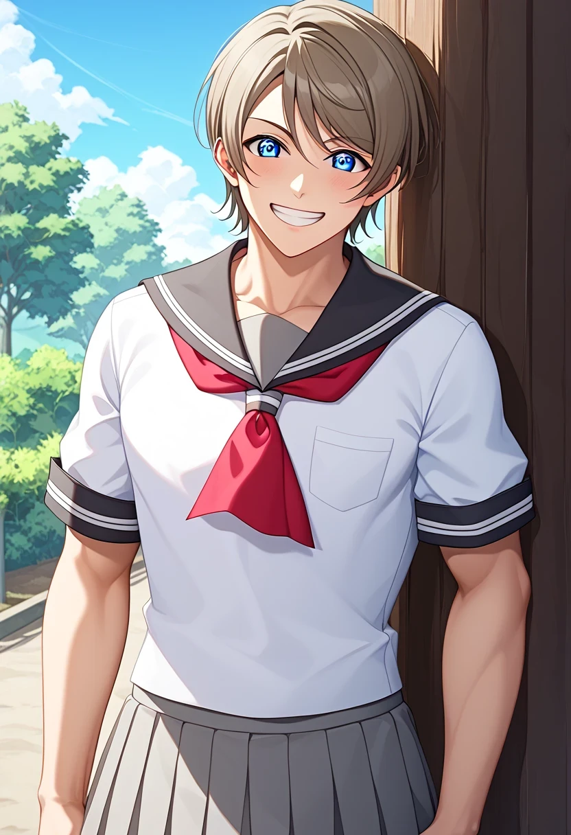 傑作、best quality、amazing quality、very aesthetic、absurdres、newest、scenery、best quality、anime screencap、anime colored、safe rating、anime coloring、anime screenshot、(detailed eyes:1.2)、watanabe you is a boy、watanabe-uniform、1boy、(male:1.6)、solo、looking at viewer、male focus、short hair、blue eyes、brown hair、gray hair、(manly face:1.6)、uranohoshi school uniform、white shirt、school uniform、short sleeve、pleated skirt、serafuku、sailor outfit、gray skirt、red neckerchief、outdoors、smile、grin、wood、standing、(manly:1.6)、toned body boy、(male body:1.6)、