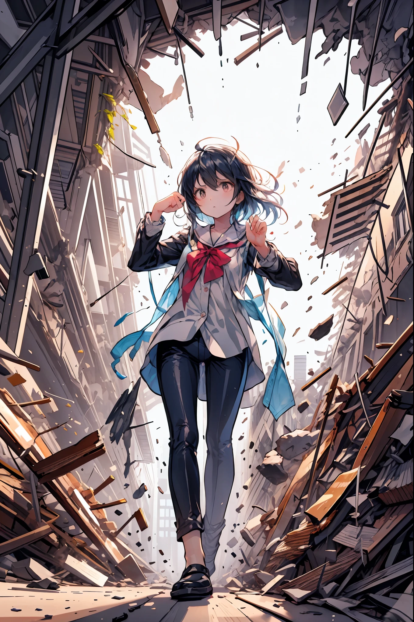 ((from above:1.2)),Quite a bird's-eye view、I can see my whole body，((pajamas))，anatomically correct hand，correct foot anatomically correct、Super Powers Homeless、psychic standing inside a collapsed building with a pretty bird's-eye view、Did it again、Tehepero、stunned expression、Strenuous Posture、Destroyed environment、Dark and Desolate Atmosphere、4K ultra-high definition photo、REALISTIC TEXTURE、Horrifying Dark Tones、Ruins Concept Art、Photographic Rendering、Extreme Textures and Details、HDR、professional、Vivid Colors、The Blown Away Town、Collapsed Building