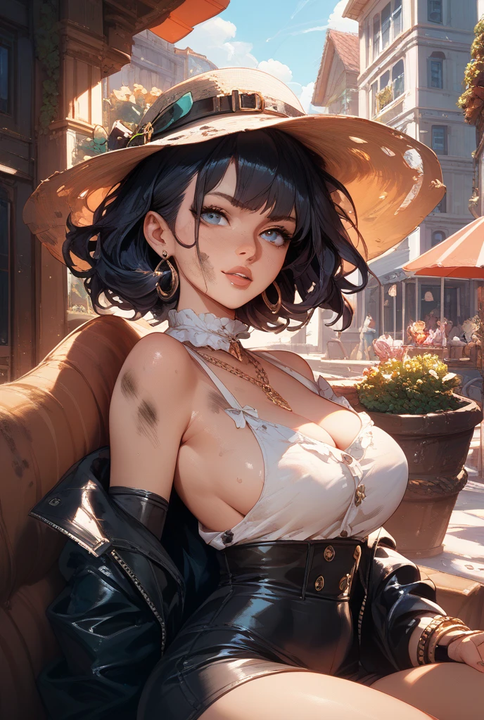 { - ??????? error} (masterpiece, best quality) 1girl, LadyDimitrescu, light skin, black hair, black flower, black rose, jewelry, ???????, necklace, hat, solo, yellow eyes, flower, dress, makeup, cleavage, pale skin, looking at viewer, earrings, lipstick, red lips, pearl necklace, rose, ?????????????, smile, short hair, white dress, black headwear, upper body, sun hat, grin, mature female, Walking, writing, lying down, standing, on your back, dynamic poses. Get ready to dive into a world where beauty and craftsmanship merge perfectly.