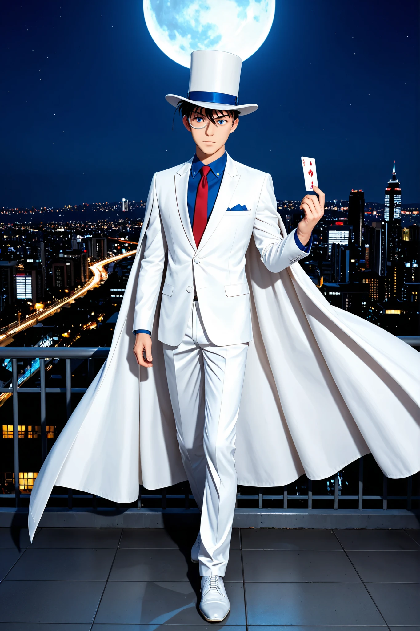 (masterpiece, absurdres, realistic, detailed:1.2), best quality, Ultra High Resolution, 1boy, meitantei_conan, kaitou_kid, 17 years old japanese boy, very handsome, perfect face, cute face, intricate detail, clear and beautiful detailed eyes, detailed skin, pale skin,
male focus, solo, blue_shirt, white_jacket, magic_kaito, dress_shirt, necktie, monocle_chain, top_hat, monocle, red_necktie, white_suit, white_cape, formal, cape, perfect hand,
wearing pure white tuxedo suit, long flowing cape, blue tie, white top hat with blue band, monocle glinting, holding a silver card, dynamic pose, Excellent body proportions, perfect anatomy, full body,
standing confidently on a rooftop, in modern Tokyo, night, moon, dramatic moonlight, city skyline behind, cinematic composition, soft lighting, Cinematic Lighting, deep shadows, Bright colors, vibrant colors,