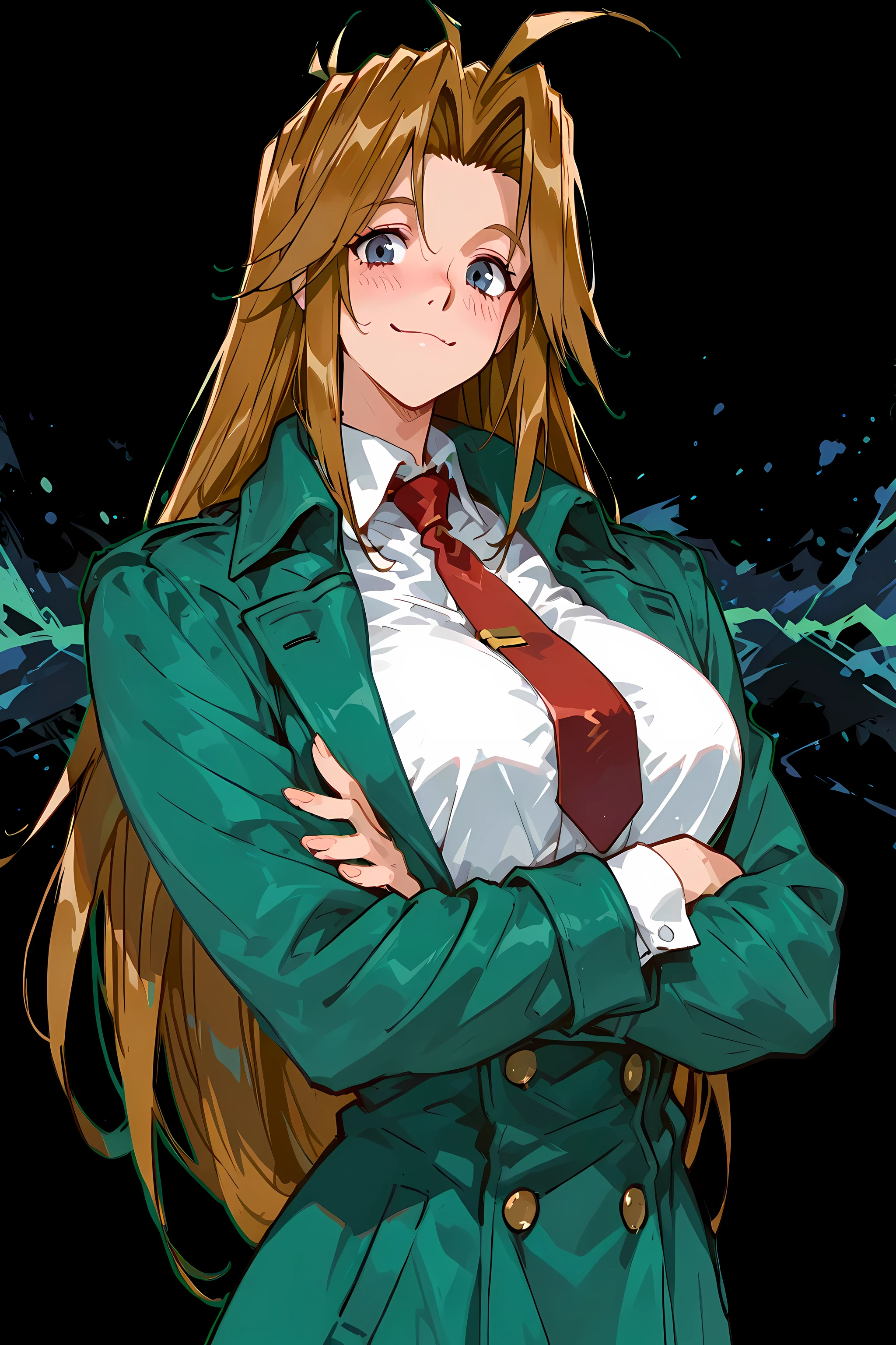 masterpiece, best quality, very aesthetic, absurdres, 1girl, solo, RetroPC98Style, 748cmstyle, source_anime, green coat,white shirt,red tie,blue eyes,brown hair,long hair,milly thompson (trigun)
Big breasts, tall and attractive woman, curvacious body, narrow waist, toned body, ahoge, parted bangs, hair intakes
Official costume
Standing, smile, closed mouth, looking at viewer, blush, dynamic pose, crossed arms
Abstract background, black background, (green outline),