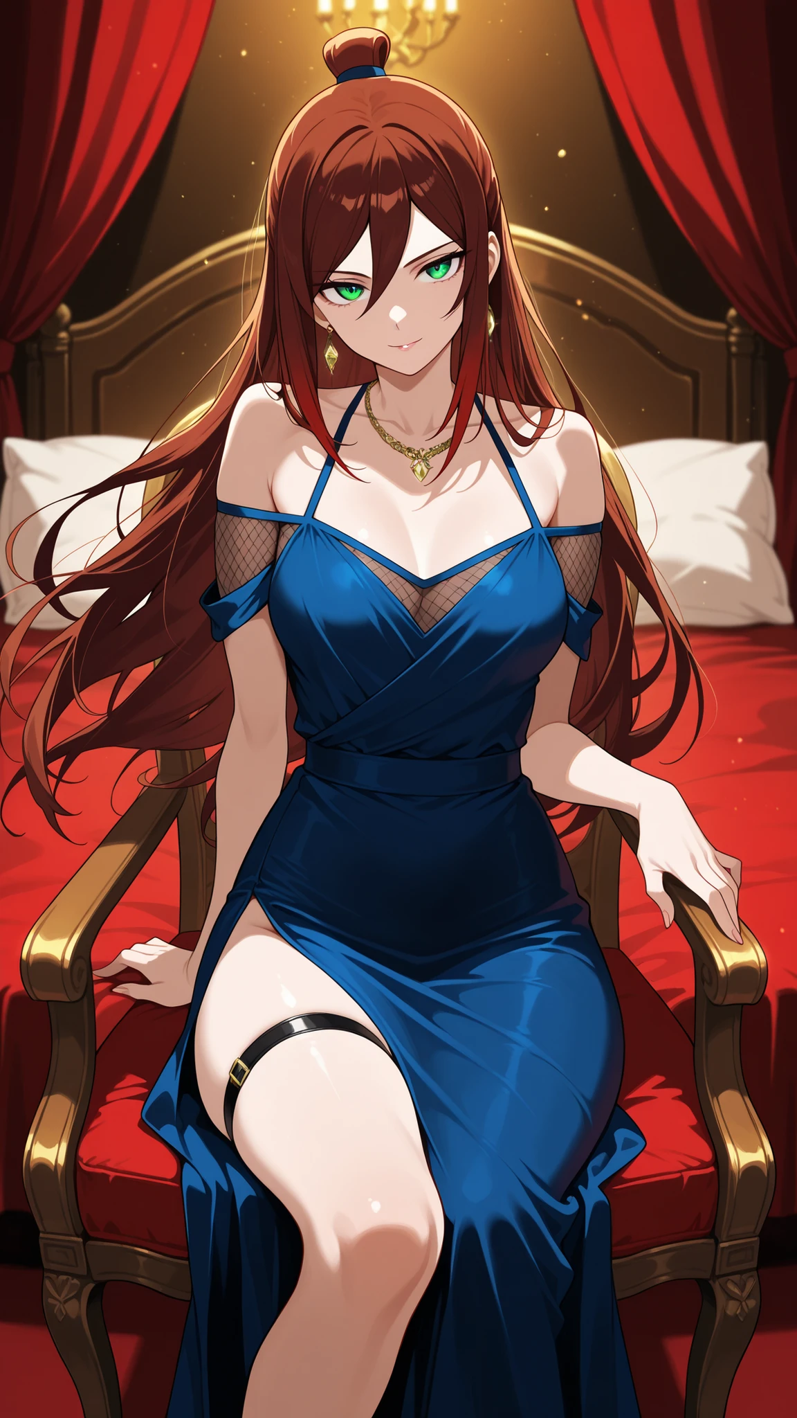 BREAK (masterpiece:1.2), Luxurious erotic room, deep red and crimson velvet curtains, dim candlelight glowing softly, large bed with silk sheets and canopy, golden mirrors reflecting sensual atmosphere, soft shadows, romantic decadent vibe, cinematic composition, ultra-detailed interior, 8K masterpiece digital painting.no people, mei terumi, long hair, brown hair, green eyes, topknot, hair covering one eye, medium breasts,dress, bare shoulders,blue dress,fishnets,long dress,side slit,leg strap,jawerly,earrings,necklace,side slit,leg strap,,looking at viewer,cowboy shot,wide-angel,seductive expression,seductive pose,floating hair,sitting provocatively on a chair, dimly lit room, dramatic shadows, seductive pose, detailed textures, high realism, elegant yet suggestive mood, 4k illustration