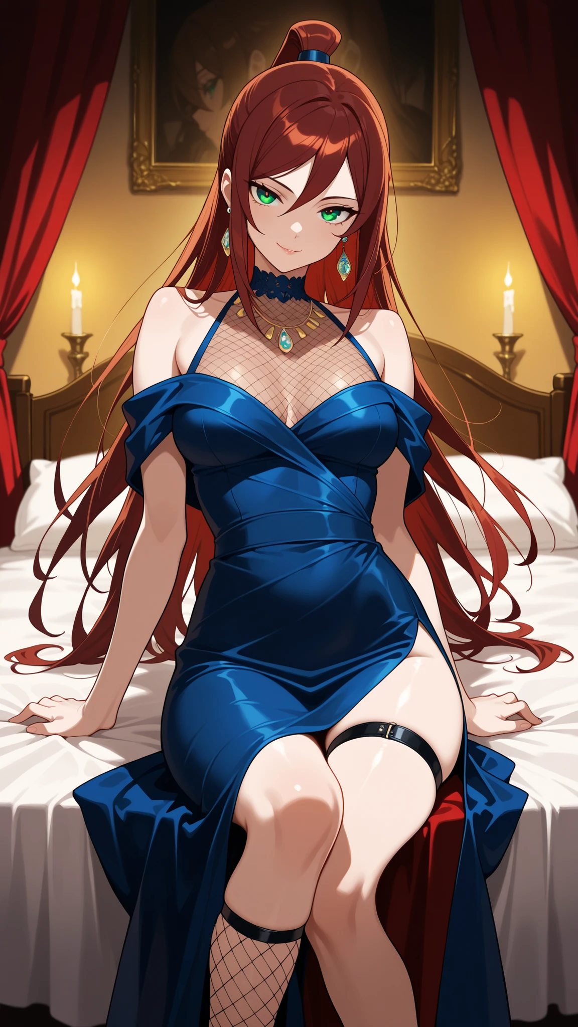 BREAK (masterpiece:1.2), Luxurious erotic room, deep red and crimson velvet curtains, dim candlelight glowing softly, large bed with silk sheets and canopy, golden mirrors reflecting sensual atmosphere, soft shadows, romantic decadent vibe, cinematic composition, ultra-detailed interior, 8K masterpiece digital painting.no people, mei terumi, long hair, brown hair, green eyes, topknot, hair covering one eye, medium breasts,dress, bare shoulders,blue dress,fishnets,long dress,side slit,leg strap,jawerly,earrings,necklace,side slit,leg strap,,looking at viewer,cowboy shot,wide-angel,seductive expression,seductive pose,floating hair,sitting provocatively on a chair, dimly lit room, dramatic shadows, seductive pose, detailed textures, high realism, elegant yet suggestive mood, 4k illustration