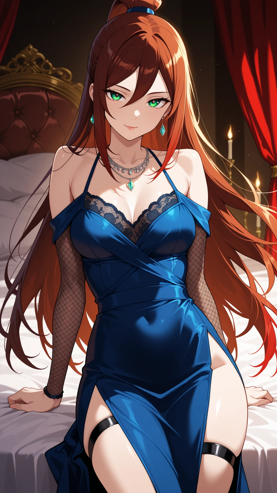 BREAK (masterpiece:1.2), Luxurious erotic room, deep red and crimson velvet curtains, dim candlelight glowing softly, large bed with silk sheets and canopy, golden mirrors reflecting sensual atmosphere, soft shadows, romantic decadent vibe, cinematic composition, ultra-detailed interior, 8K masterpiece digital painting.no people, mei terumi, long hair, brown hair, green eyes, topknot, hair covering one eye, medium breasts,dress, bare shoulders,blue dress,fishnets,long dress,side slit,leg strap,jawerly,earrings,necklace,side slit,leg strap,,looking at viewer,cowboy shot,wide-angel,seductive expression,seductive pose,floating hair,sitting provocatively on a chair, dimly lit room, dramatic shadows, seductive pose, detailed textures, high realism, elegant yet suggestive mood, 4k illustration