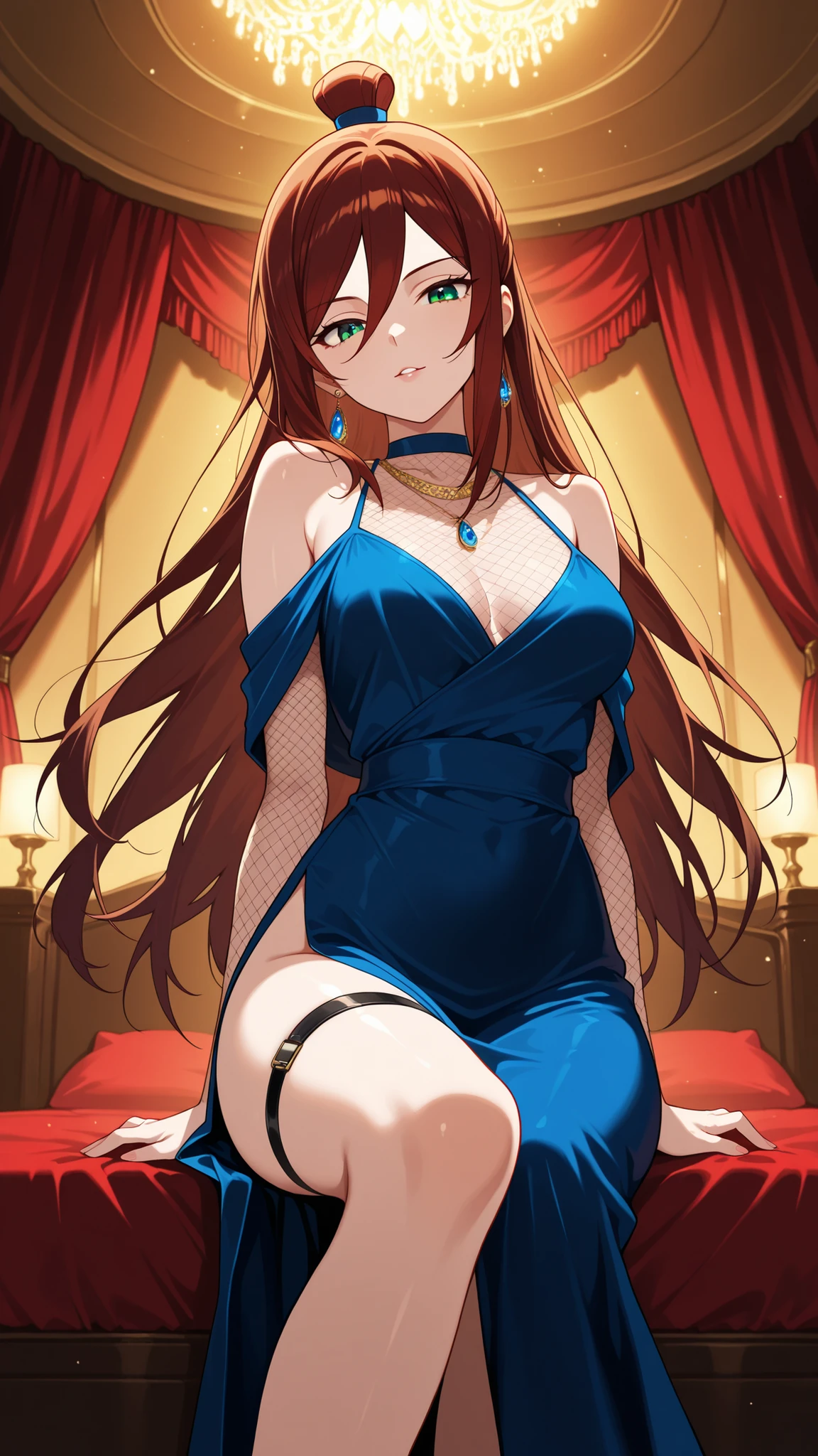 BREAK (masterpiece:1.2), Luxurious erotic room, deep red and crimson velvet curtains, dim candlelight glowing softly, large bed with silk sheets and canopy, golden mirrors reflecting sensual atmosphere, soft shadows, romantic decadent vibe, cinematic composition, ultra-detailed interior, 8K masterpiece digital painting.no people, mei terumi, long hair, brown hair, green eyes, topknot, hair covering one eye, medium breasts,dress, bare shoulders,blue dress,fishnets,long dress,side slit,leg strap,jawerly,earrings,necklace,side slit,leg strap,,looking at viewer,cowboy shot,wide-angel,seductive expression,seductive pose,floating hair,sitting provocatively on a chair, dimly lit room, dramatic shadows, seductive pose, detailed textures, high realism, elegant yet suggestive mood, 4k illustration,from below,luxury high heeled sandals,