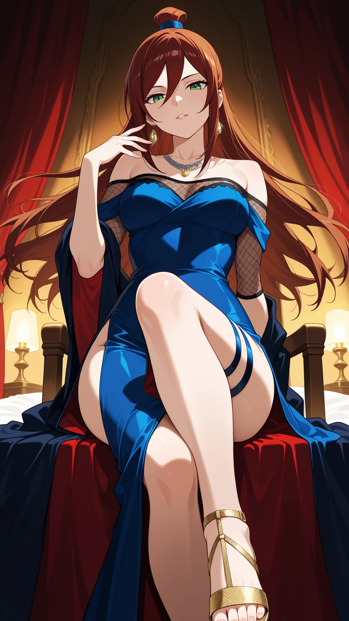 BREAK (masterpiece:1.2), Luxurious erotic room, deep red and crimson velvet curtains, dim candlelight glowing softly, large bed with silk sheets and canopy, golden mirrors reflecting sensual atmosphere, soft shadows, romantic decadent vibe, cinematic composition, ultra-detailed interior, 8K masterpiece digital painting.no people, mei terumi, long hair, brown hair, green eyes, topknot, hair covering one eye, medium breasts,dress, bare shoulders,blue dress,fishnets,long dress,side slit,leg strap,jawerly,earrings,necklace,side slit,leg strap,,looking at viewer,cowboy shot,wide-angel,seductive expression,seductive pose,floating hair,sitting provocatively on a chair, dimly lit room, dramatic shadows, seductive pose, detailed textures, high realism, elegant yet suggestive mood, 4k illustration,from below,luxury high heeled sandals,