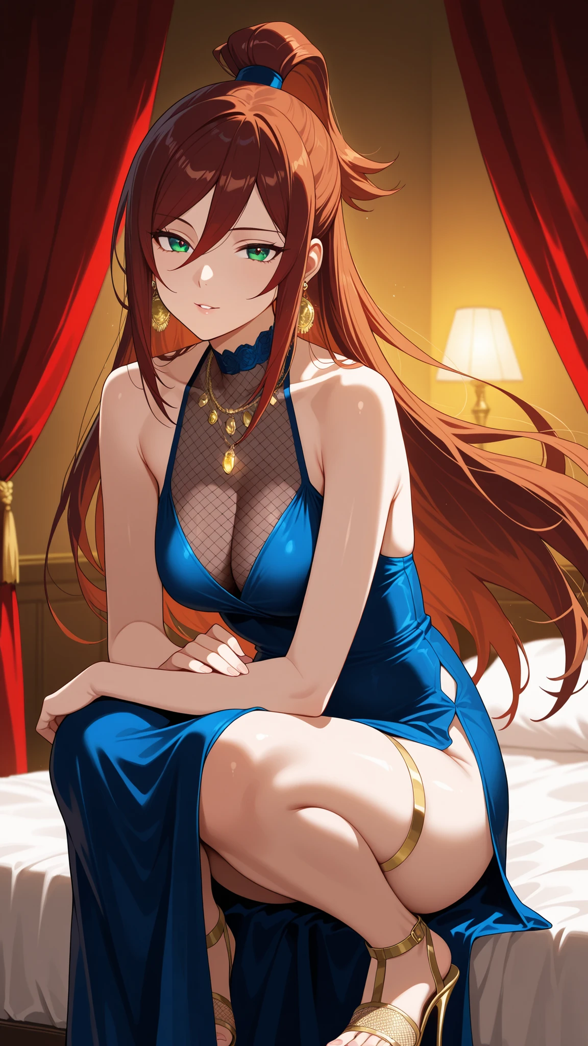 BREAK (masterpiece:1.2), Luxurious erotic room, deep red and crimson velvet curtains, dim candlelight glowing softly, large bed with silk sheets and canopy, golden mirrors reflecting sensual atmosphere, soft shadows, romantic decadent vibe, cinematic composition, ultra-detailed interior, 8K masterpiece digital painting.no people, mei terumi, long hair, brown hair, green eyes, topknot, hair covering one eye, medium breasts,dress, bare shoulders,blue dress,fishnets,long dress,side slit,leg strap,jawerly,earrings,necklace,side slit,leg strap,,looking at viewer,cowboy shot,wide-angel,seductive expression,seductive pose,floating hair,sitting in a squatting pose, sensual curves emphasized, hands resting on knees, alluring gaze, detailed body, soft warm lighting, intimate atmosphere, ultra realistic, 4k,luxury high heeled sandals,