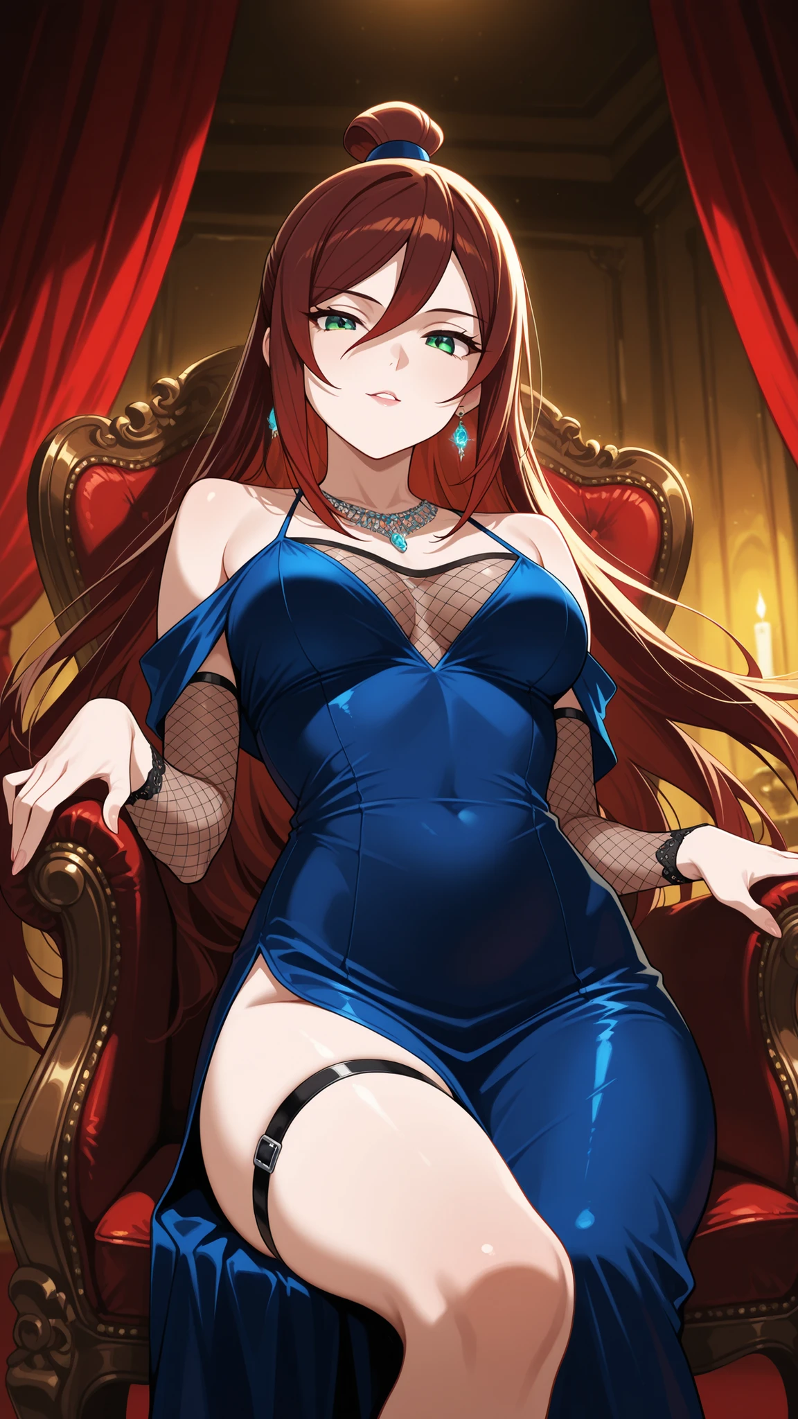 BREAK (masterpiece:1.2), Luxurious erotic room, deep red and crimson velvet curtains, dim candlelight glowing softly, large bed with silk sheets and canopy, golden mirrors reflecting sensual atmosphere, soft shadows, romantic decadent vibe, cinematic composition, ultra-detailed interior, 8K masterpiece digital painting.no people, mei terumi, long hair, brown hair, green eyes, topknot, hair covering one eye, medium breasts,dress, bare shoulders,blue dress,fishnets,long dress,side slit,leg strap,jawerly,earrings,necklace,side slit,leg strap,,looking at viewer,cowboy shot,wide-angel,seductive expression,seductive pose,floating hair,sitting provocatively on a chair,black leather chair, dimly lit room, dramatic shadows, seductive pose, detailed textures, high realism, elegant yet suggestive mood, 4k illustration,from below,luxury high heeled sandals,
