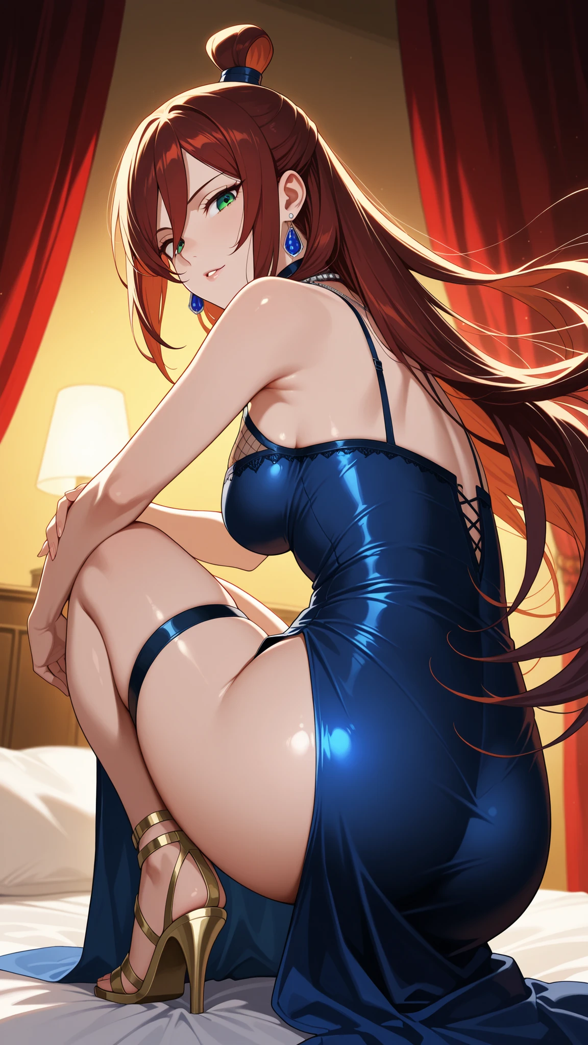 BREAK (masterpiece:1.2), Luxurious erotic room, deep red and crimson velvet curtains, dim candlelight glowing softly, large bed with silk sheets and canopy, golden mirrors reflecting sensual atmosphere, soft shadows, romantic decadent vibe, cinematic composition, ultra-detailed interior, 8K masterpiece digital painting.no people, mei terumi, long hair, brown hair, green eyes, topknot, hair covering one eye, medium breasts,dress, bare shoulders,blue dress,fishnets,long dress,side slit,leg strap,jawerly,earrings,necklace,side slit,leg strap,,looking at viewer,cowboy shot,wide-angel,seductive expression,seductive pose,floating hair,sitting in a squatting pose, sensual curves emphasized, hands resting on knees, alluring gaze, detailed body, soft warm lighting, intimate atmosphere, ultra realistic, 4k,luxury high heeled sandals,from behind,from below,