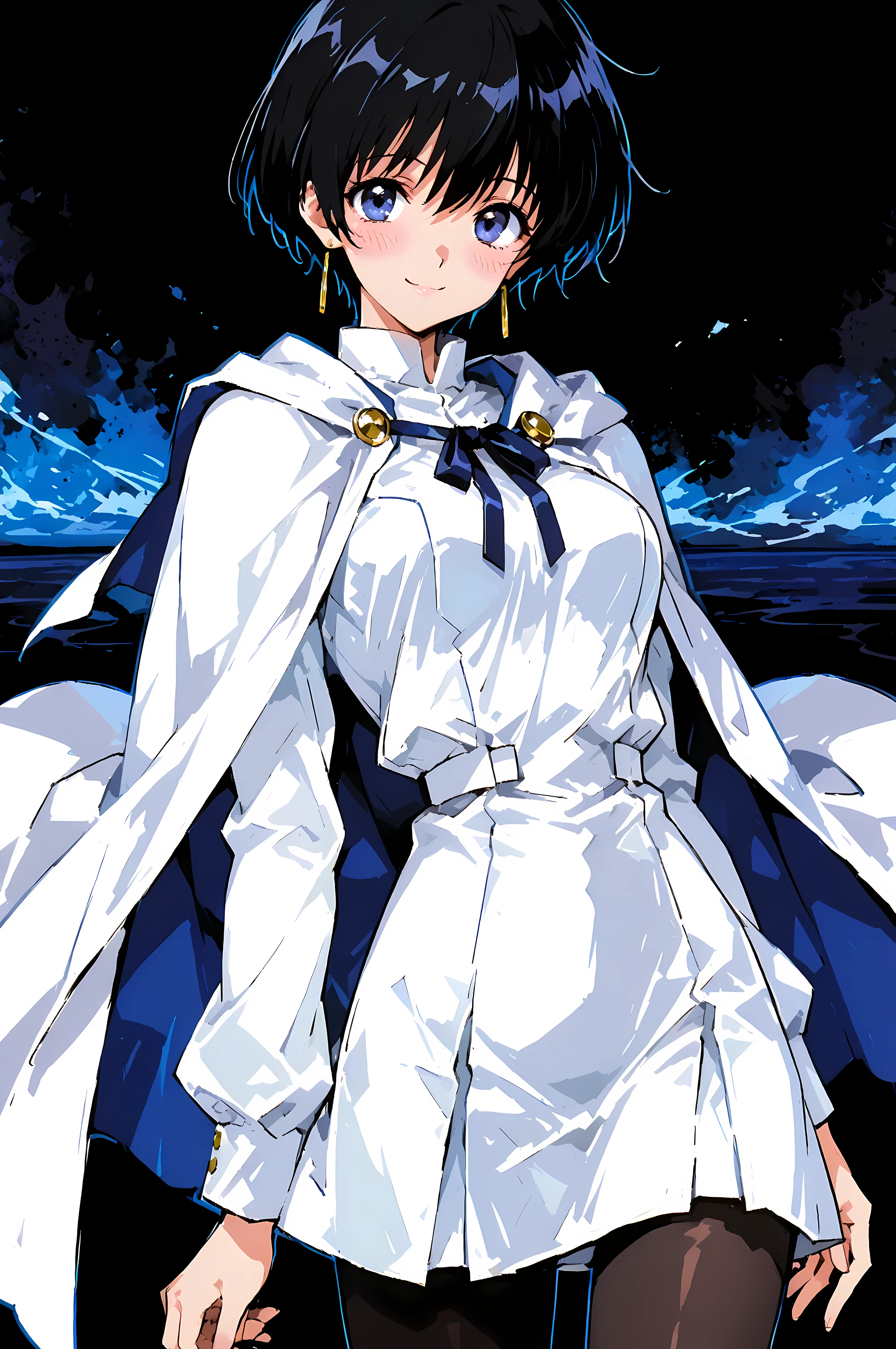 masterpiece, best quality, very aesthetic, absurdres, 1girl, solo, RetroPC98Style, 748cmstyle, source_anime, Meryl Stryfe,
Medium breasts, petite and attractive girl, slim body, narrow waist, short hair, black hair,
Official costume, white dress, black pantyhose, white cape, long earrings.
Standing, smile, closed mouth, looking at viewer, blush, dynamic pose
Abstract background, black background, (blue outline)
