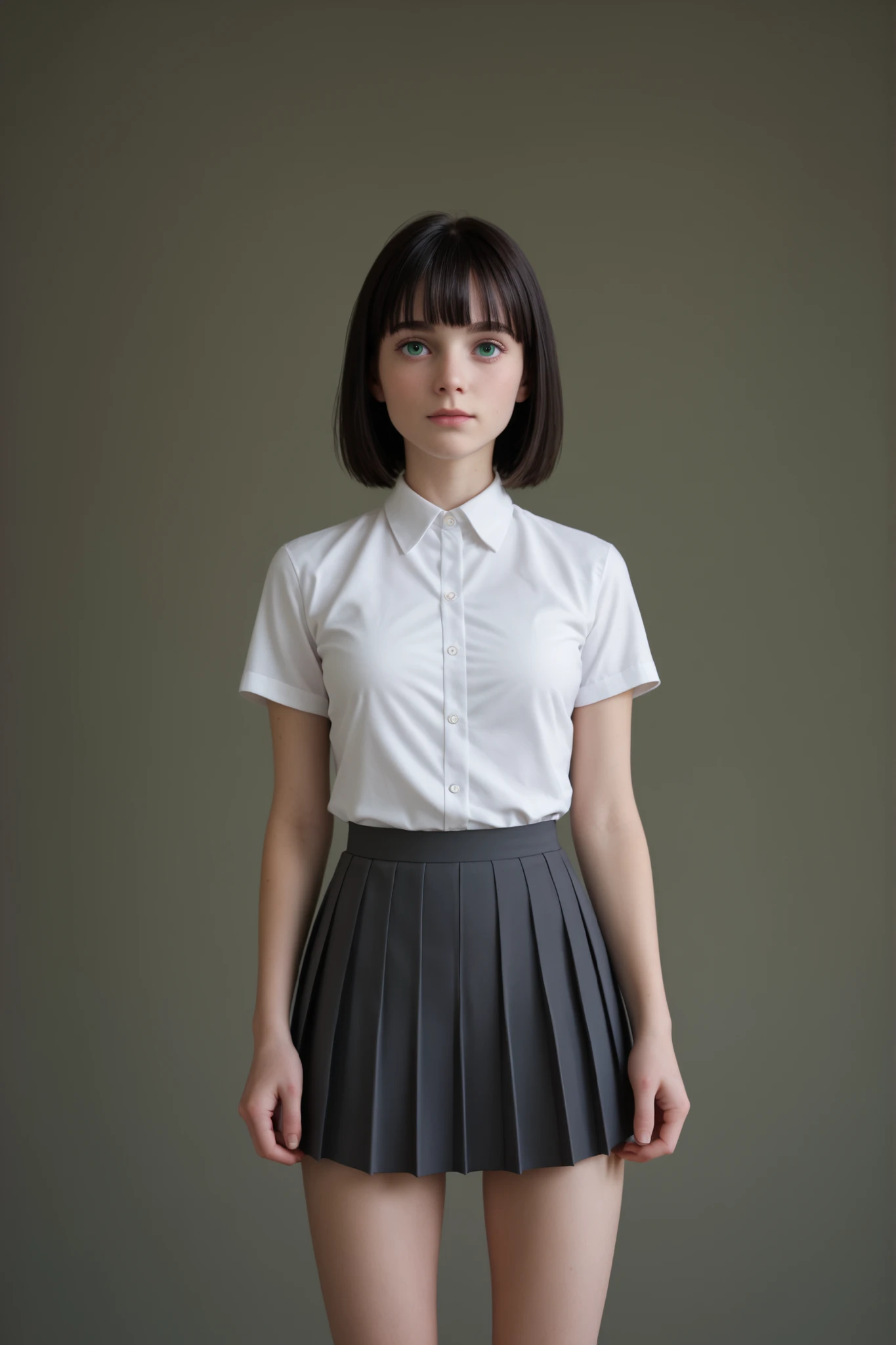 A young girl standing in front of a white background, studio photoshoot, in perfect lighting, frontal portrait, 3/4 shot, centered framing, neutral background, minimalism. 
(Chin length hair:1.5), short hair, dark hair, (straight hair:1.4), perfect hair, shinny hair, thin hair, (bangs with a middle part:1.5).  
Large eyes, beautiful eyes, green eyes, expressive eyes, thick eyebrows, delicate facial features, symmetrical face, (teenager face:1.4), (cute face:1.4). 
(Pale white skin:1.5), smooth skin, perfect skin. 
(Attractive body:1.3), medium sized breasts, slender waist, round hips, sexy legs. 
Wearing a preppy outfit, white short sleeve uniform shirt, slim fit formal women's shirt, shirt with white buttons, grey pleated school skirt, circular pleated school skirt.
UHD, highres, 16k, best quality, high details, anatomically correct, accurate, masterpiece.