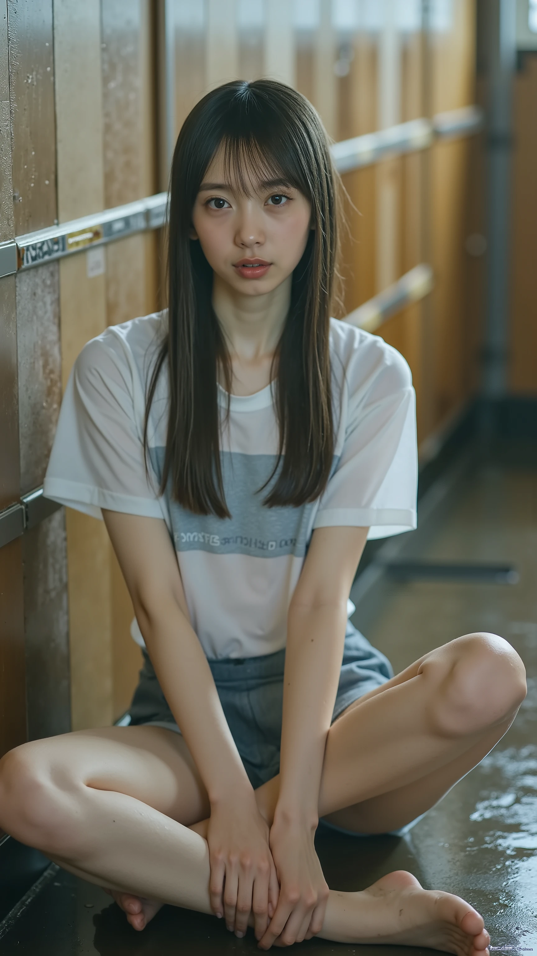 wet clothes,1girl, raw photos, top quality, Very Detailed, ultra detailed, hi-res, Slender body, braids, natural , sitting, white t-shirt、Navy blue briefs