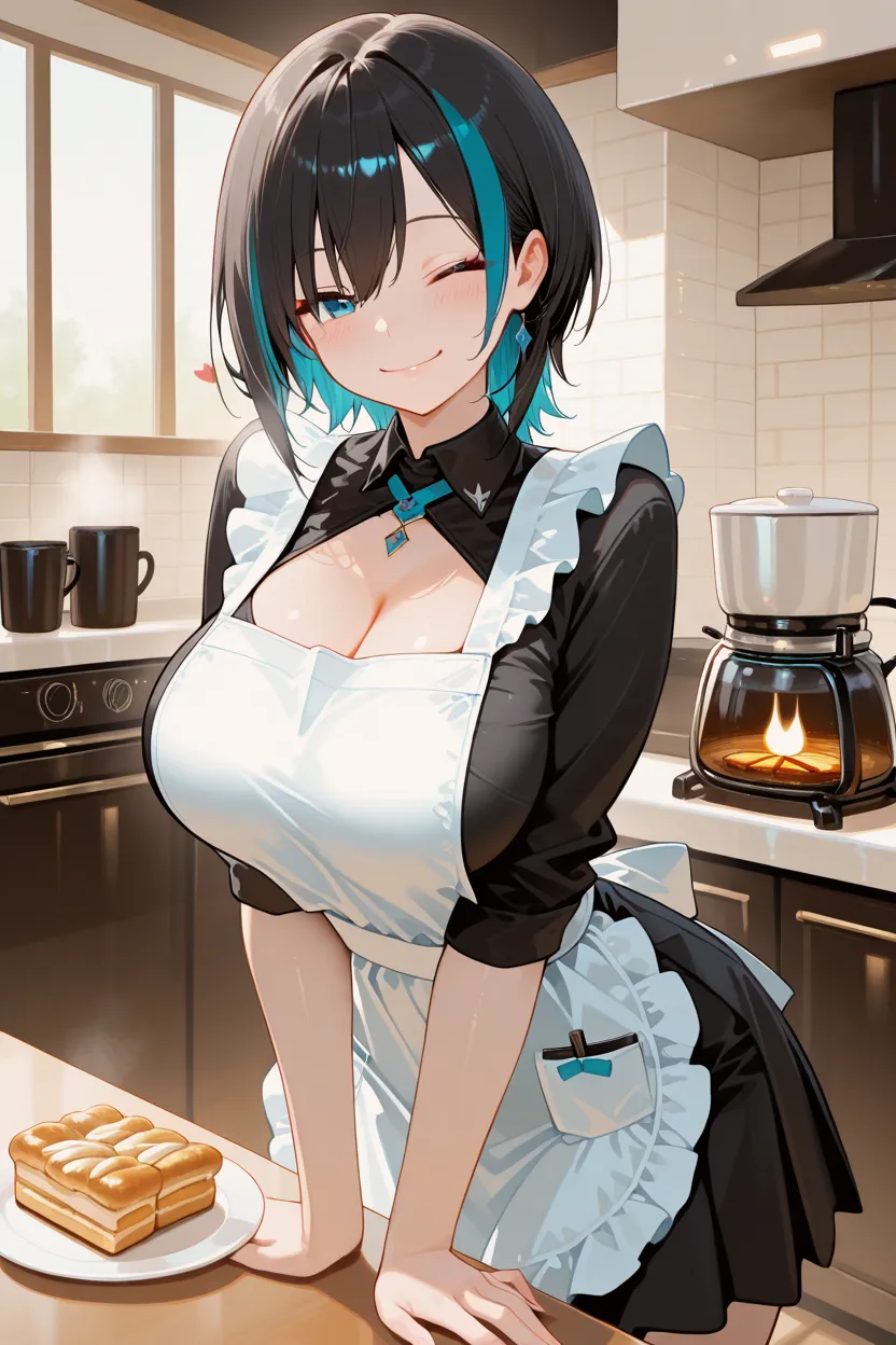 (high quelity), Makoto Niijima, happy expression, light blush, looking at viewer, , precise hands,  pose, detailed kitchen in the background,  full body shot, maid uniform, crown braid, microskirt