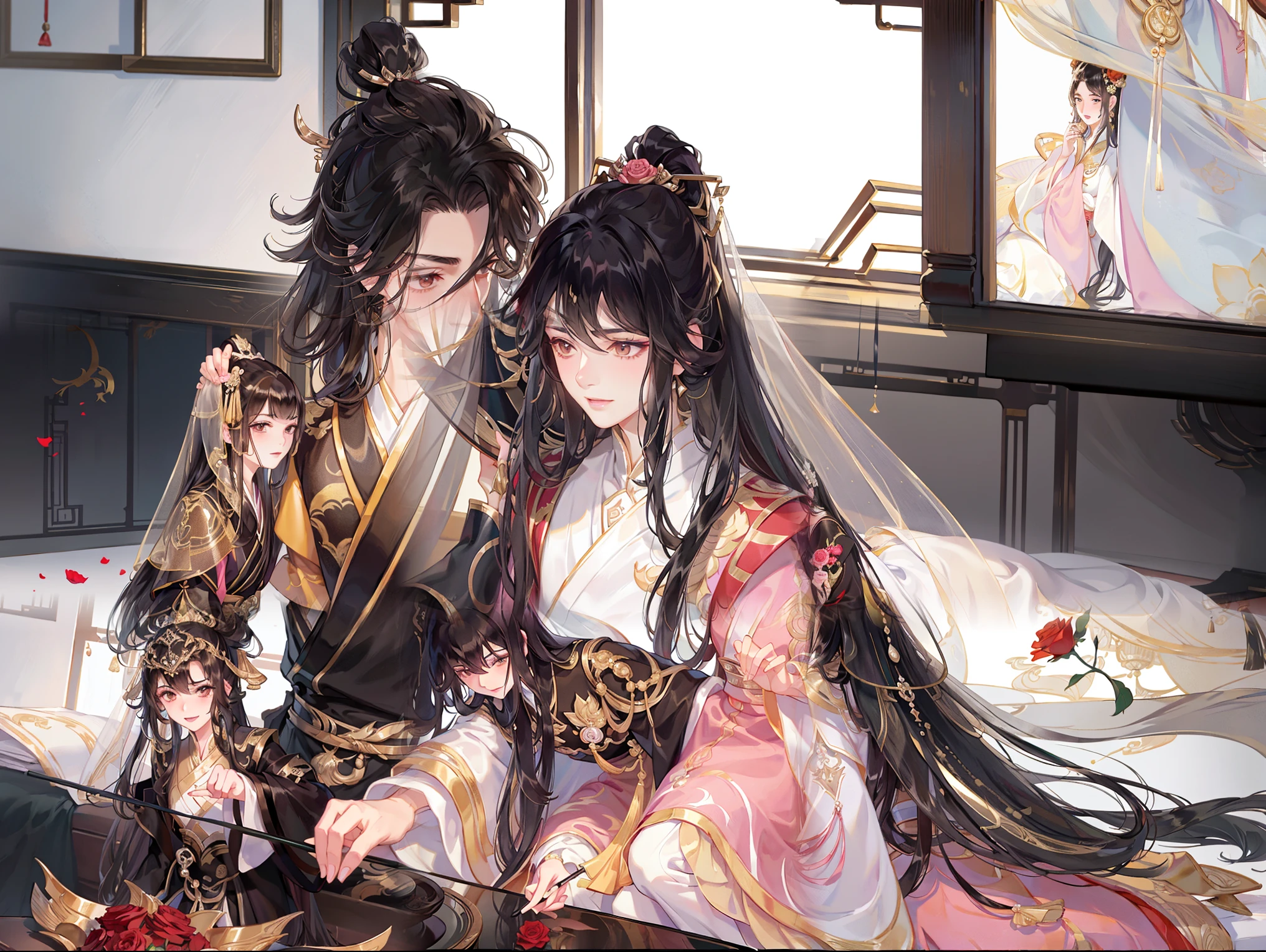 ((tmasterpiece)), Best quality at best, Excellent illustration, a couple kissing, soft focus, 1 boy with long black hair, yellow-eyed，Wearing black Hanfu, 1 girl with long black hair, No bangs, a pink eyes，Wear a pink dress, in a luxuriously living room, Chinese furniture，opulent and exquisite atmosphere, natta，gentlesoftlighting，Boys are taller than girls, They kissed each other passionately，Attractions，red rose，Big scene，k hd，4K，