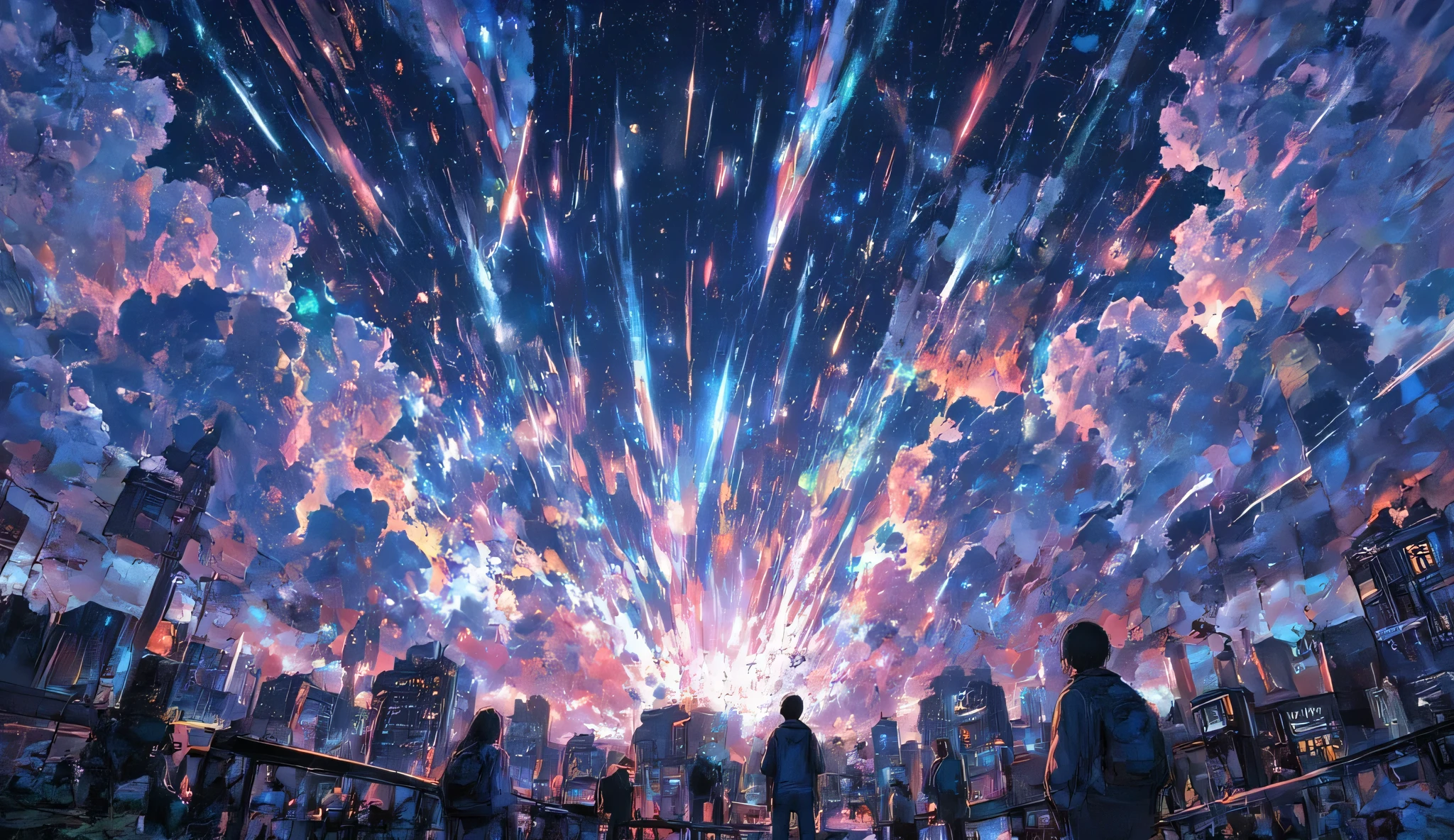 dutch angle view of a very beautiful end-of-the-world scene, tremendous so many beautiful meteors falling to beautiful lively city blasting through the clouds. Very dynamic dramatic picture. The sky is beautifully spread out in an impossible and unusual vivid color. People are looking at it from below.